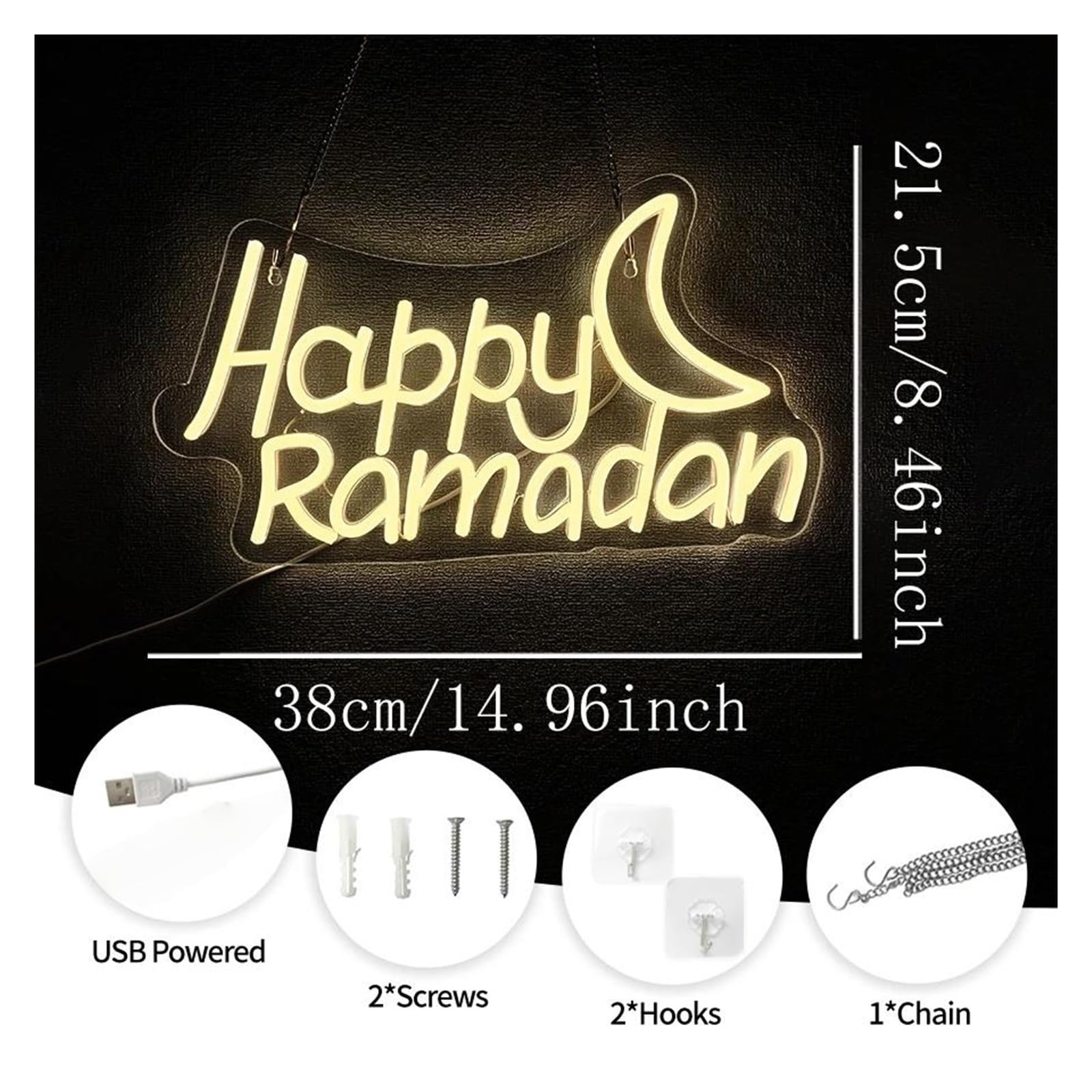 Luci al Neon Da Parete Insegna Al Neon A Dimmerabile Happy Ramadan Per Camera Da Letto, Casa, Festa Di Ramadan Eid, Decorazione Da Parete, 38cmx21.5cm