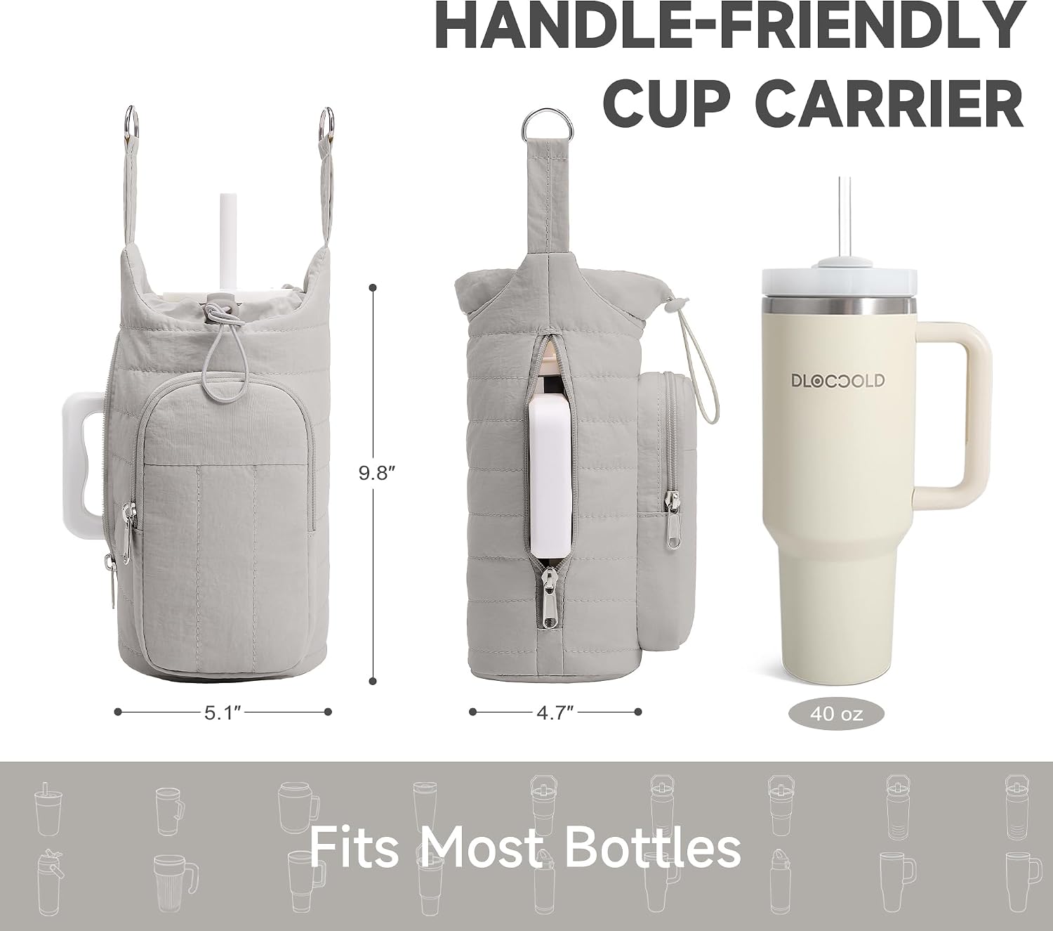 WOOMADA Water Bottle Holder Bag with Strap, 40/32 oz Crossbody Bag Gym Accessories, Sling Purses for Women(Grey)