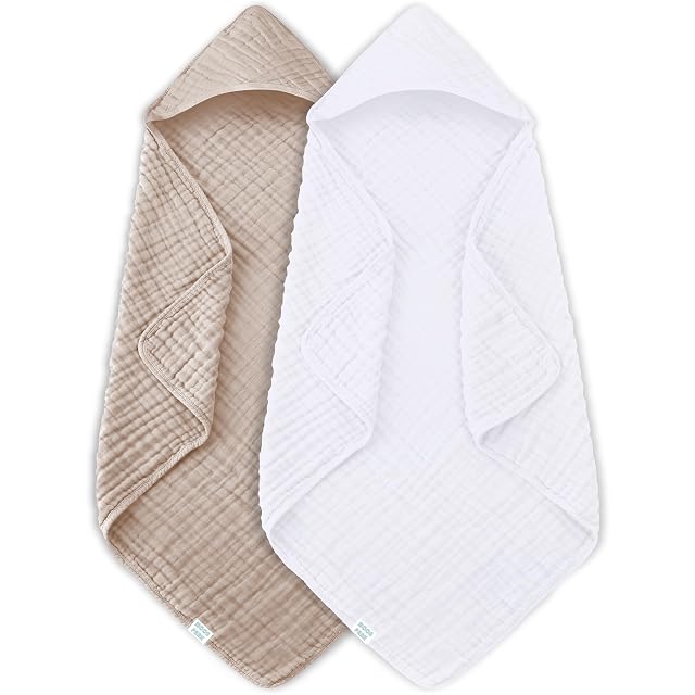 MOON PARK 2 Pack Muslin Hooded Baby Bath Towels for Newborns Infants Toddlers - 100 Cotton - Large