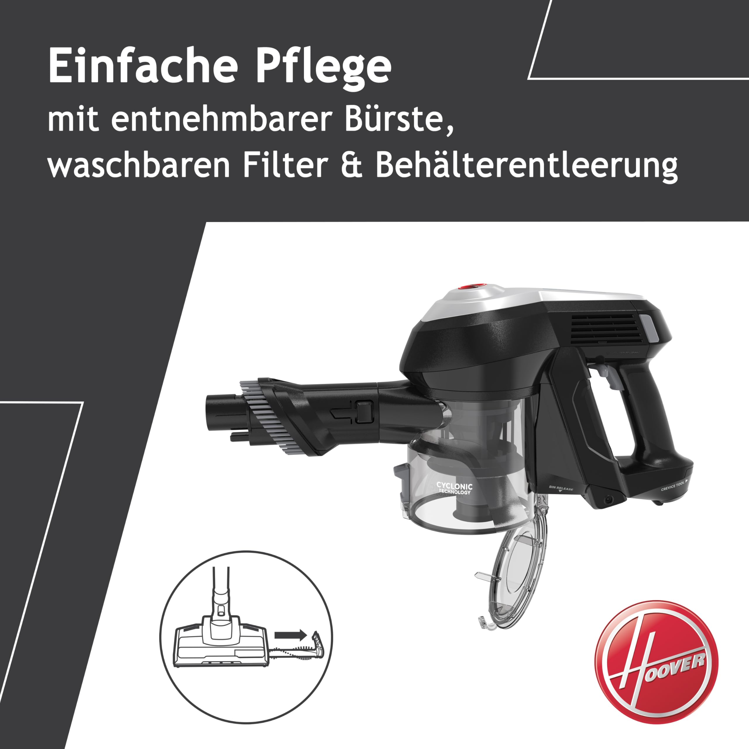 Hoover H-Free 100 Pets Akku-Staubsauger, 2-in-1, Mini-Turbodüse für Tierhaare, bis zu 40 Min. Laufzeit, motorisierte LED-Bodendüse, beutellos, kabellos, Modell: HF122BPT, Grau/Titan