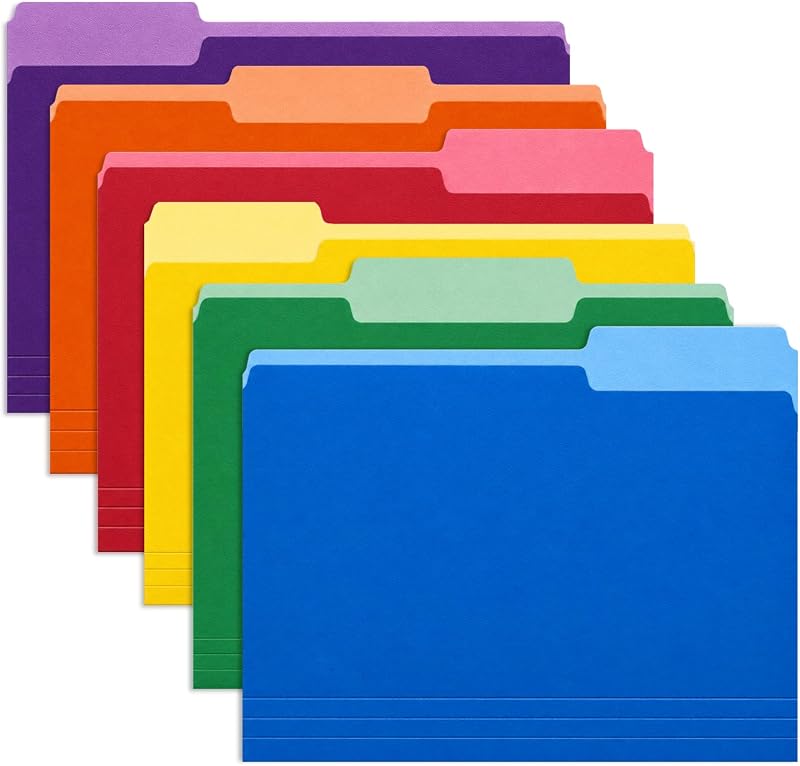 Colored File Folders, 6 Assorted Colors, Letter Size, 1/3 Cut Tabs, 18 Pack | 6 Rainbow Colors, 3 Folders Per Color, Expandable Capacity, Thick Paper, Fits 8.5x11 Paper, Back to School, Office Supplies