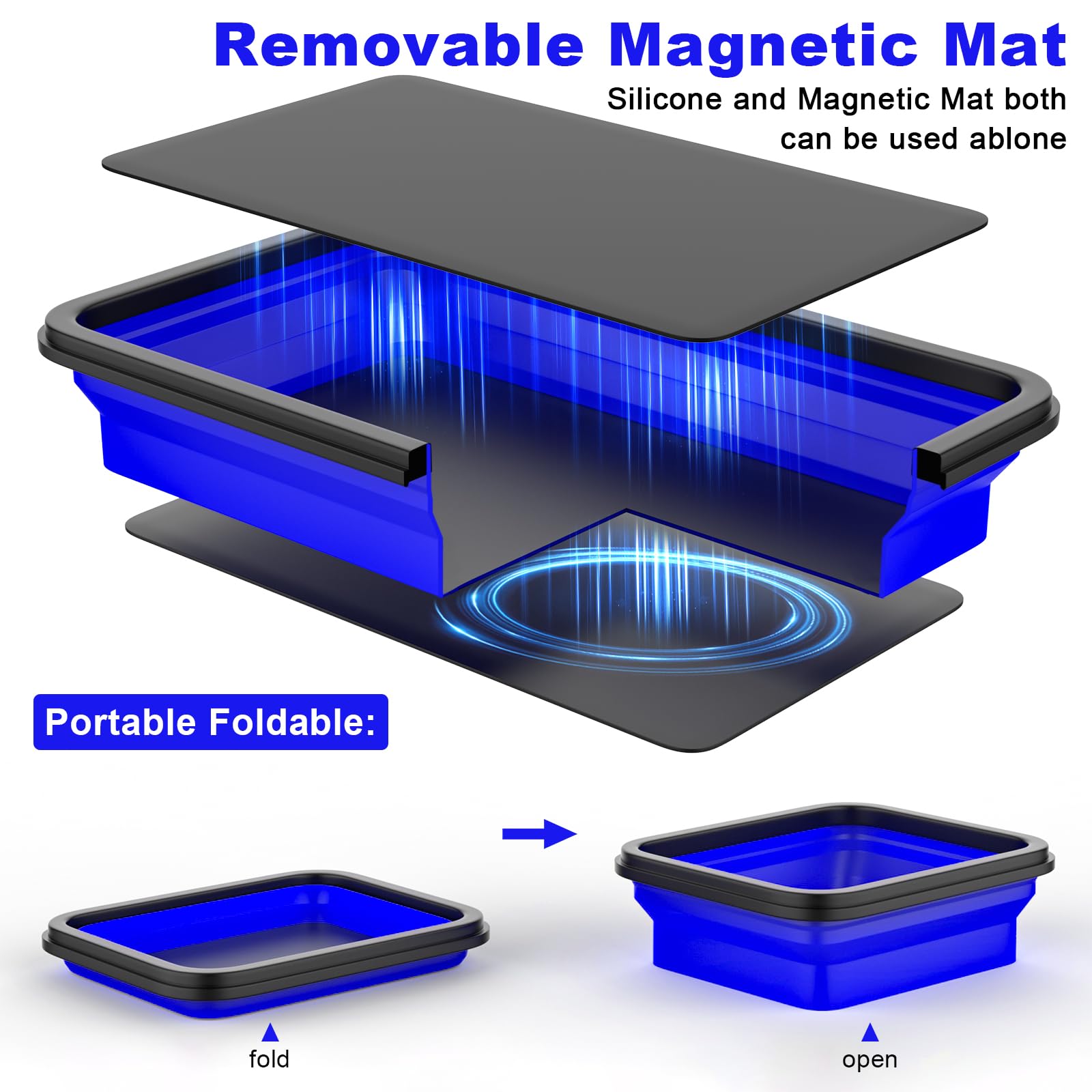Vassoio magnetico pieghevole per parti, in silicone, set di 3 misure, contenitore organizer per viti, dadi, perni, blu
