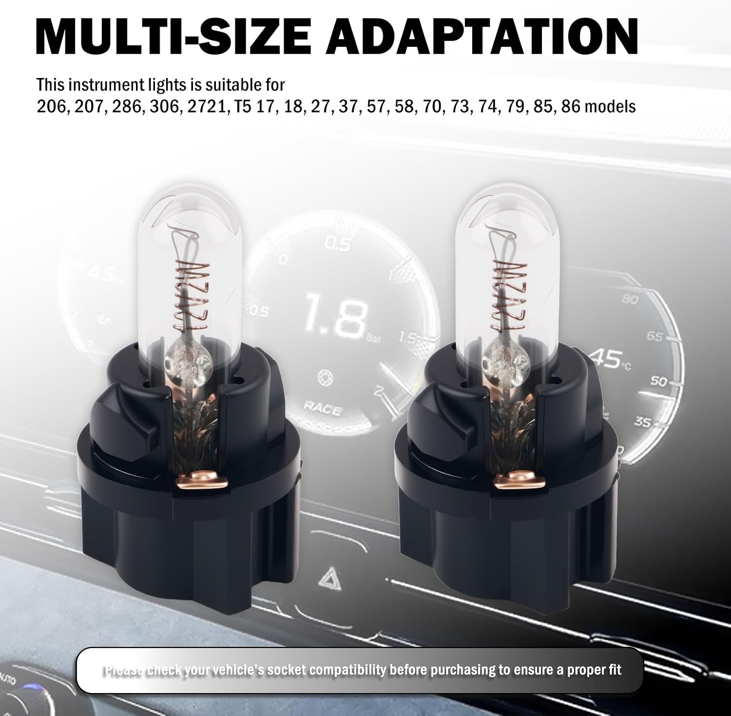 20PCS Halogen Instrument Cluster Bulbs Kit,High Brightness T5 207 286 Dash Lights for Car Interior/Speedometer/Dashboard/Tachometer,12V 2W Dash Light Bulbs Replacement