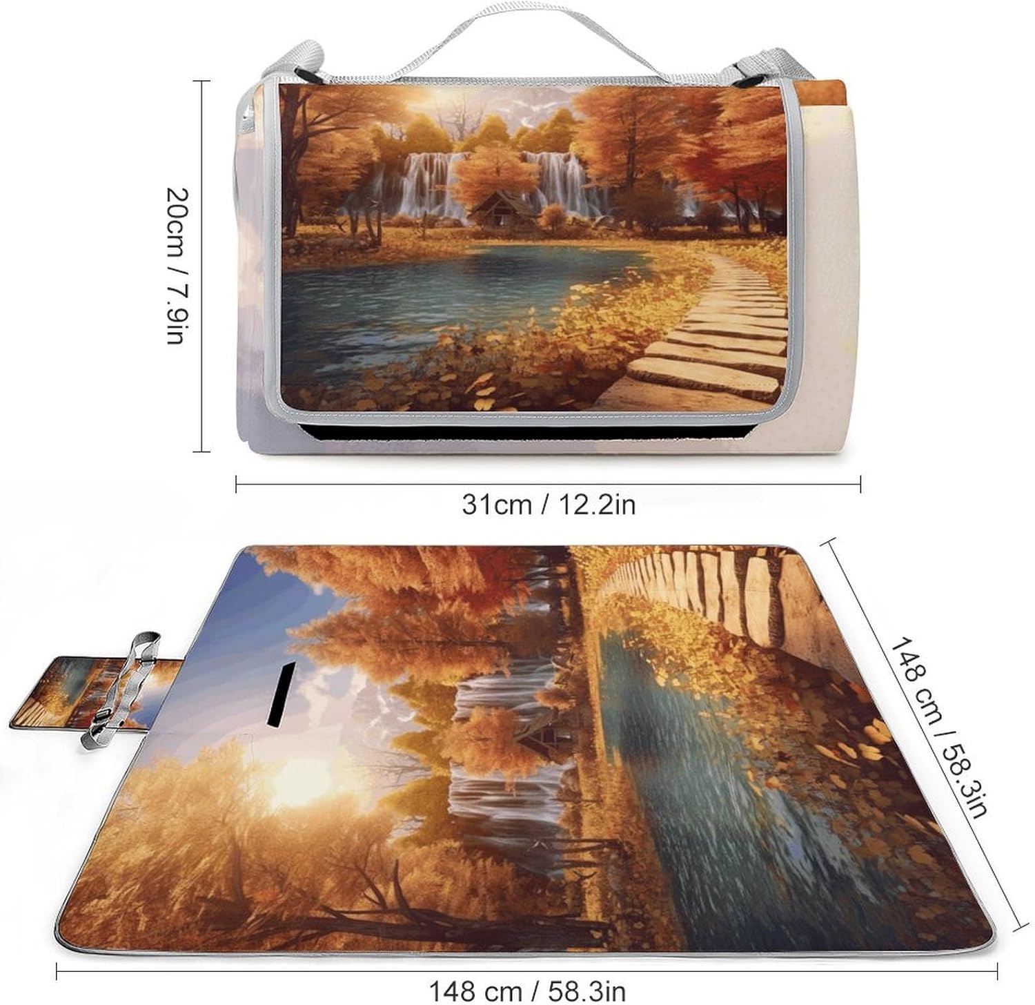 Autumn Scene Pattern Waterproof Picnic Blanket 58.3''x58.3'',Portable and Foldable Picnic Mat with Handle,Outdoor Blankets for Lawn Park Beach Travel