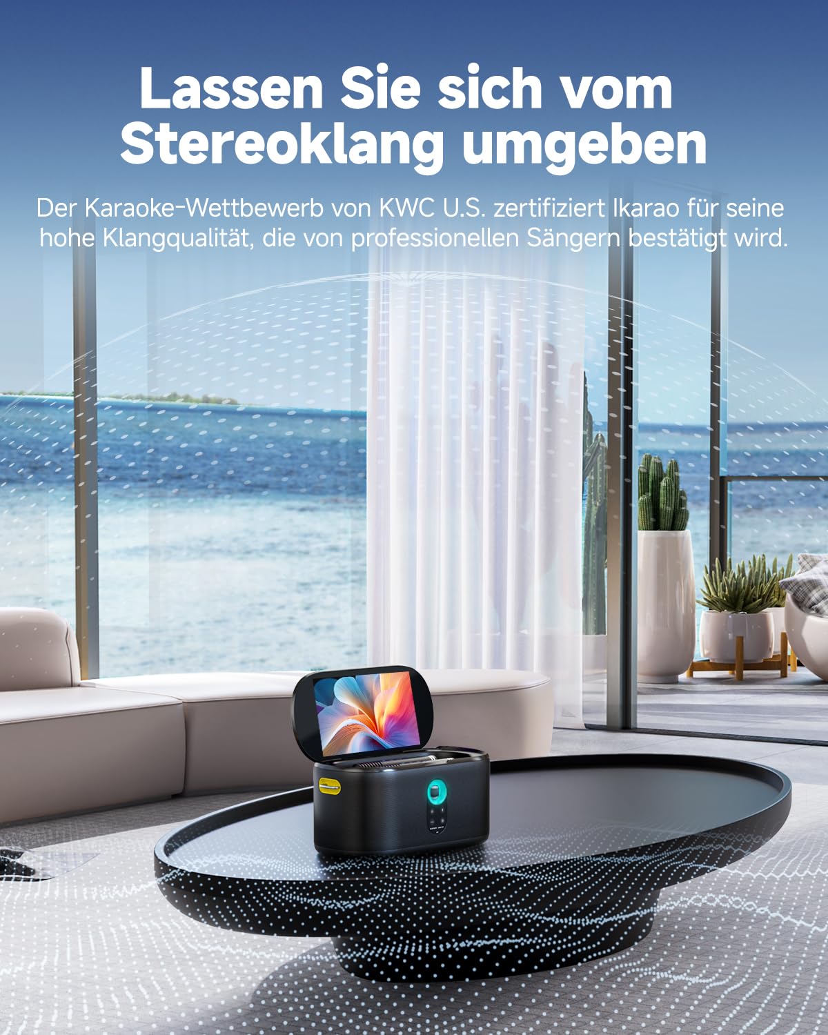 Ikarao Karaoke-Maschine mit integriertem Bildschirmdisplay, Bluetooth, kabellosen Mikrofonen & Partylicht - Perfekt für Kinder, Erwachsene & Outdoor-Aktivitäten（Shell S1）