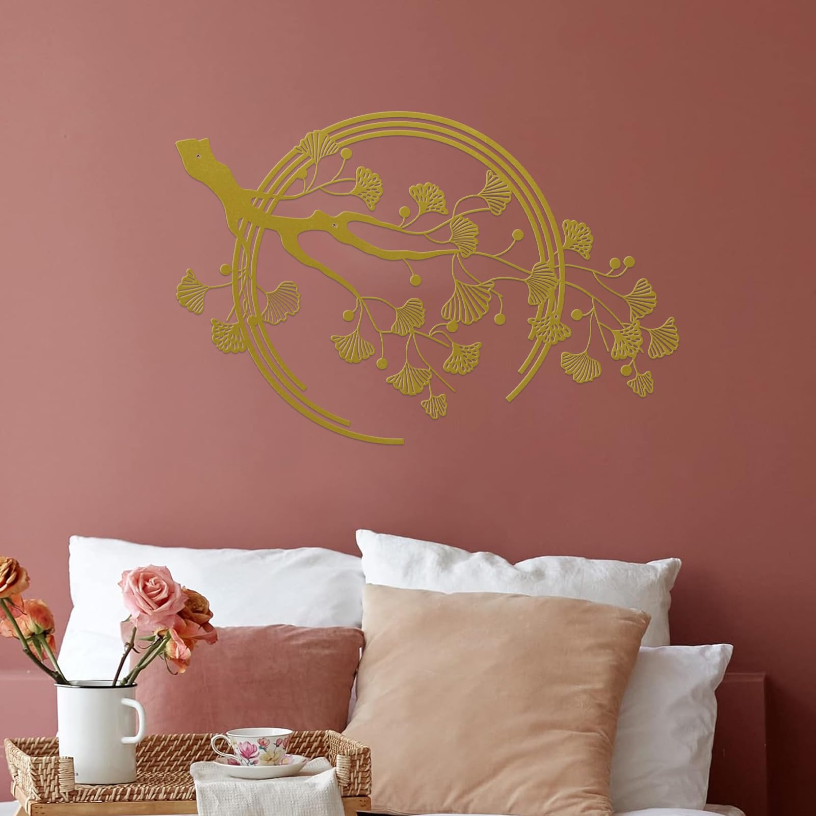 Décoration murale en métal avec grandes feuilles de ginkgo - Convient pour le salon, la chambre, le bureau, le bureau (doré)