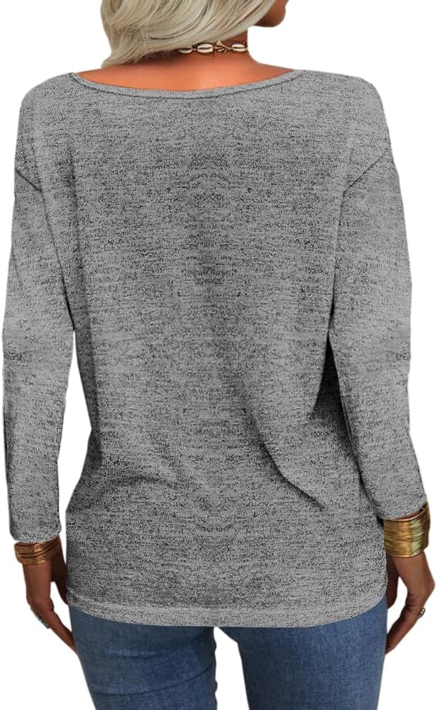 Danedvi Womens Tops Deep V Neck Long Sleeve Shirts Oversized Solid Color Casual Loose Top - Image 2