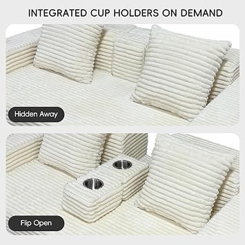 4-in-1 Folding Sofa Bed with Cup Holders, Corduroy 2 Seater Boneless Couch with Pillows, Convertible Sleeper Sofa for Living Room, Bedroom & Guest Room