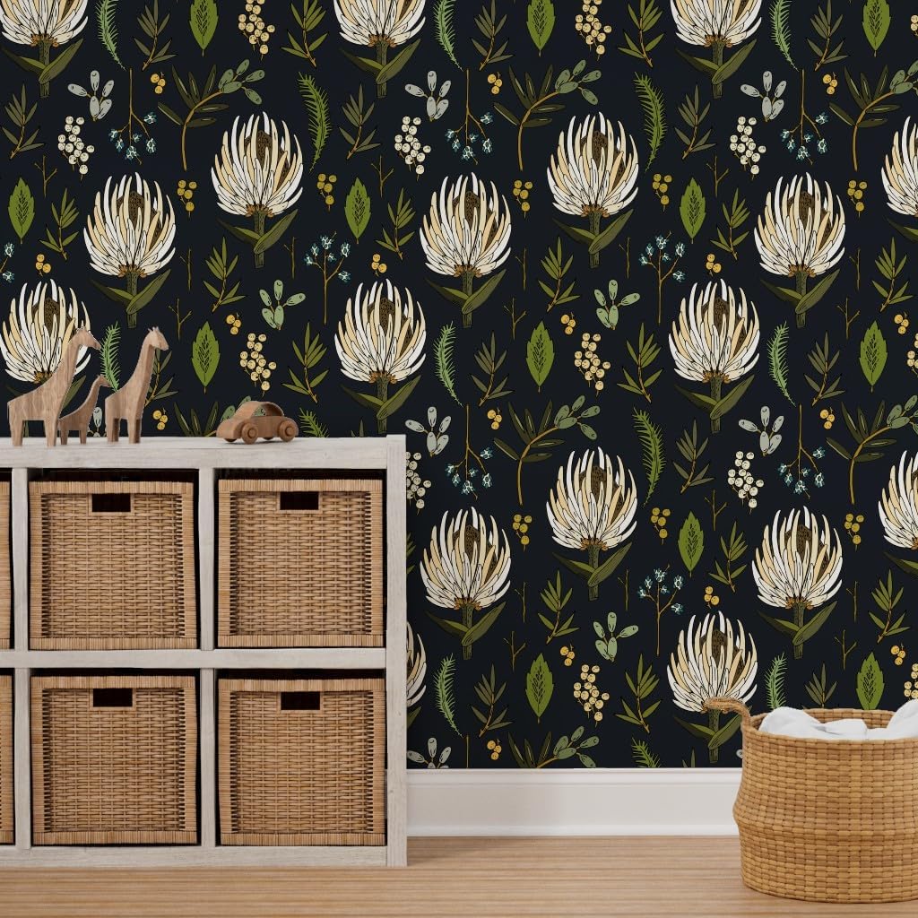 Removable Wallpaper 12ft x 2ft - Protea Neutral Floral Botanical Botany Leaf Boho Nature Kitchen Decor Spring Custom Pre-Pasted Wallpaper by Spoonflower