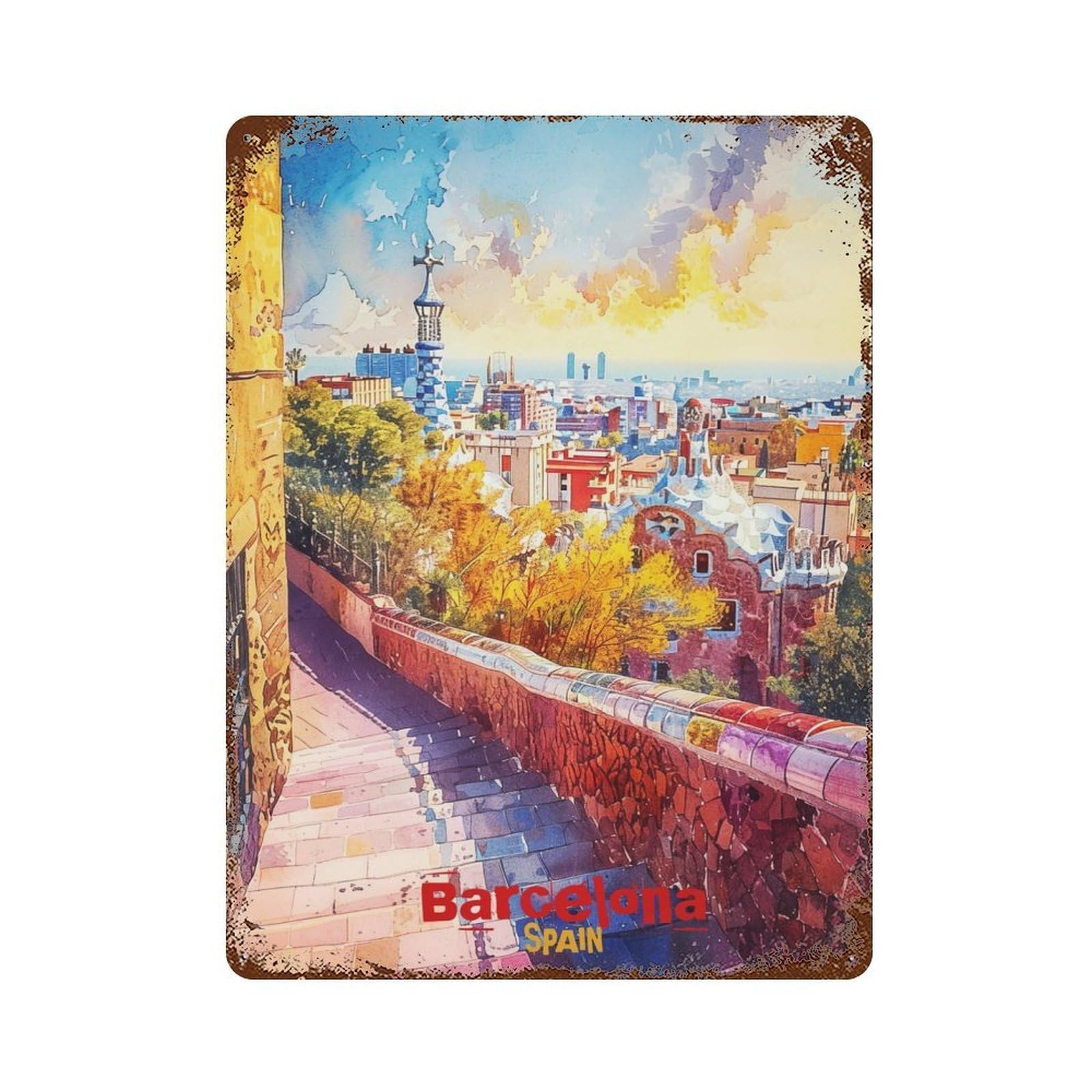 Barcelona Art 15.7"x11.8" Rusty Metal Tin Sign, Farmhouse Wall Decor for Office, Studio And Wall Decor