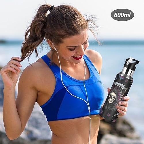Miniatura 6 de Gothic Skulls Flowers - Botella de agua de acero inoxidable negra de 20 onzas, a prueba de fugas, botella de agua deportiva sin BPA