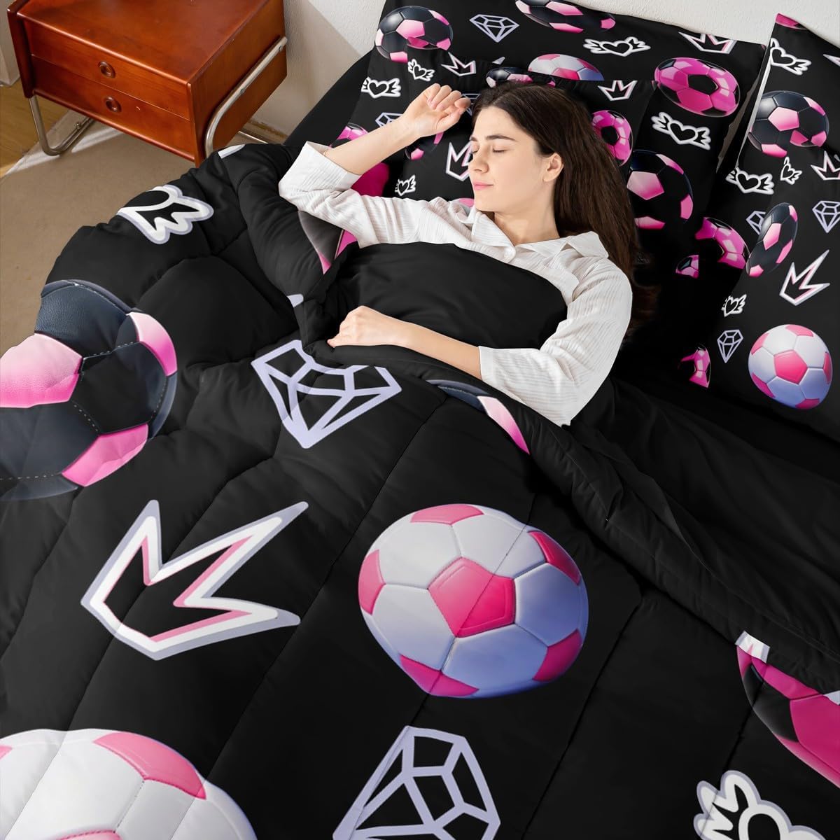 Feelyou Football Soccer 7 Piece Bedding Set Full Size Kids Black and Pink Soccer Comforter Set with Sheets for Boys Girls Teens Sports Games Bed in a Bag Soft - Image 7
