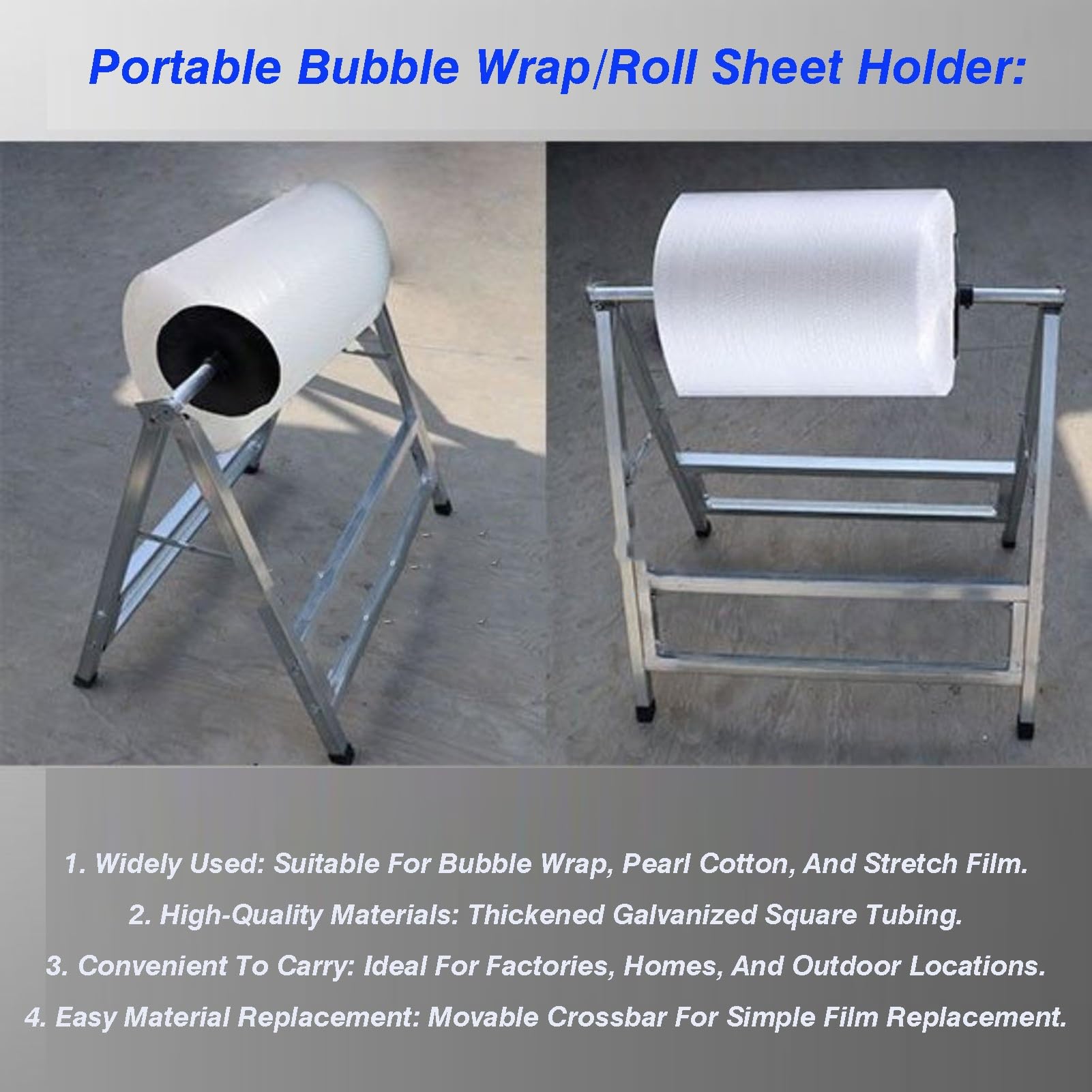Supporto per rotolo di pluriball resistente, capacità di carico 120 kg, supporto per imballaggio in metallo per lo spostamento, rack di supporto per film isolante EPE