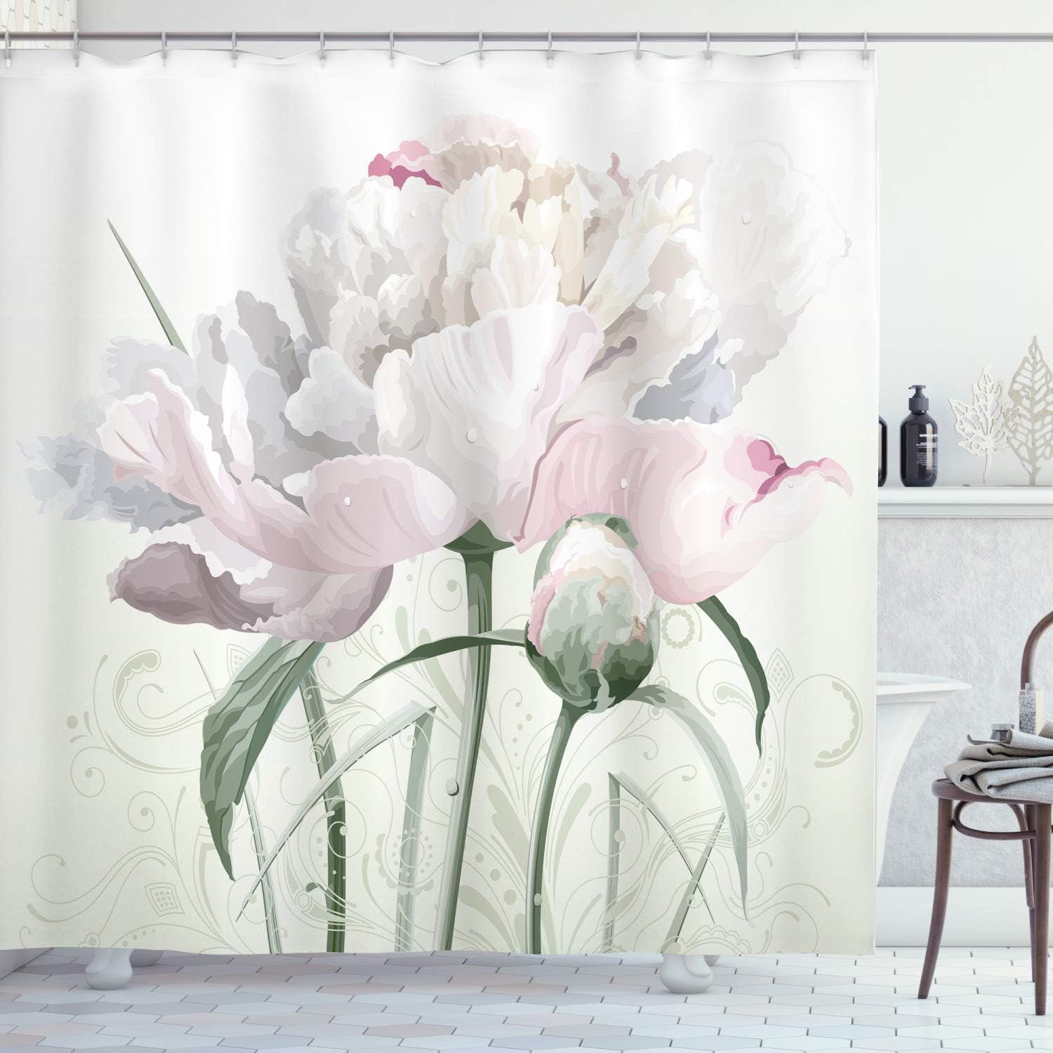 Ambesonne Flower Shower Curtain, Floral Pink Roses Tulips Abstract Garden Leaves with Petals and Buds Detailed Print, Cloth Fabric Bathroom Decor Set with Hooks, 69" W x 70" L, White