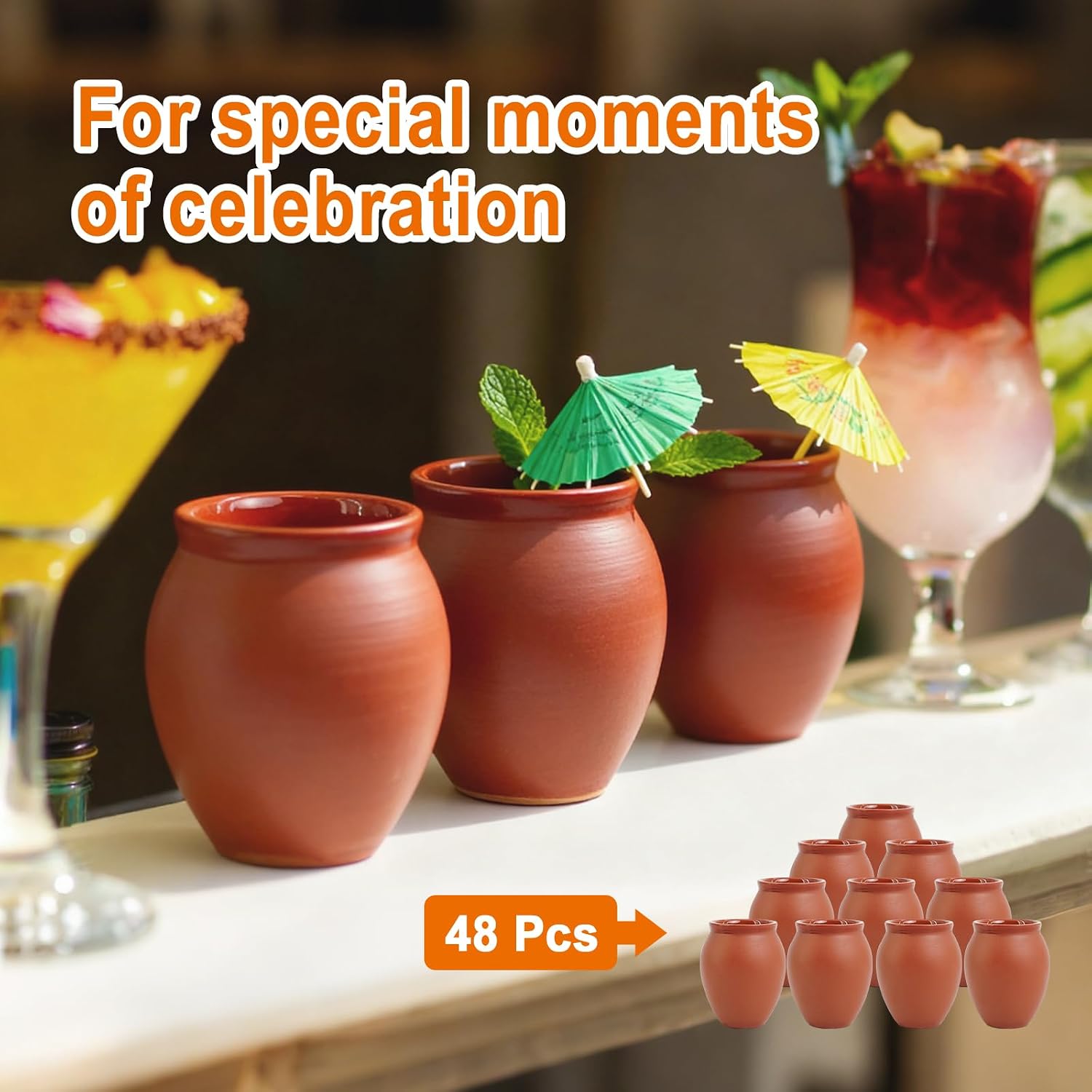 48 Pcs 3oz Mini Mexican Clay Shot Glasses Handmade Pottery Cocktail Cups with Cup Brushes and Straws for Margaritas, Mojitos, Tequila
