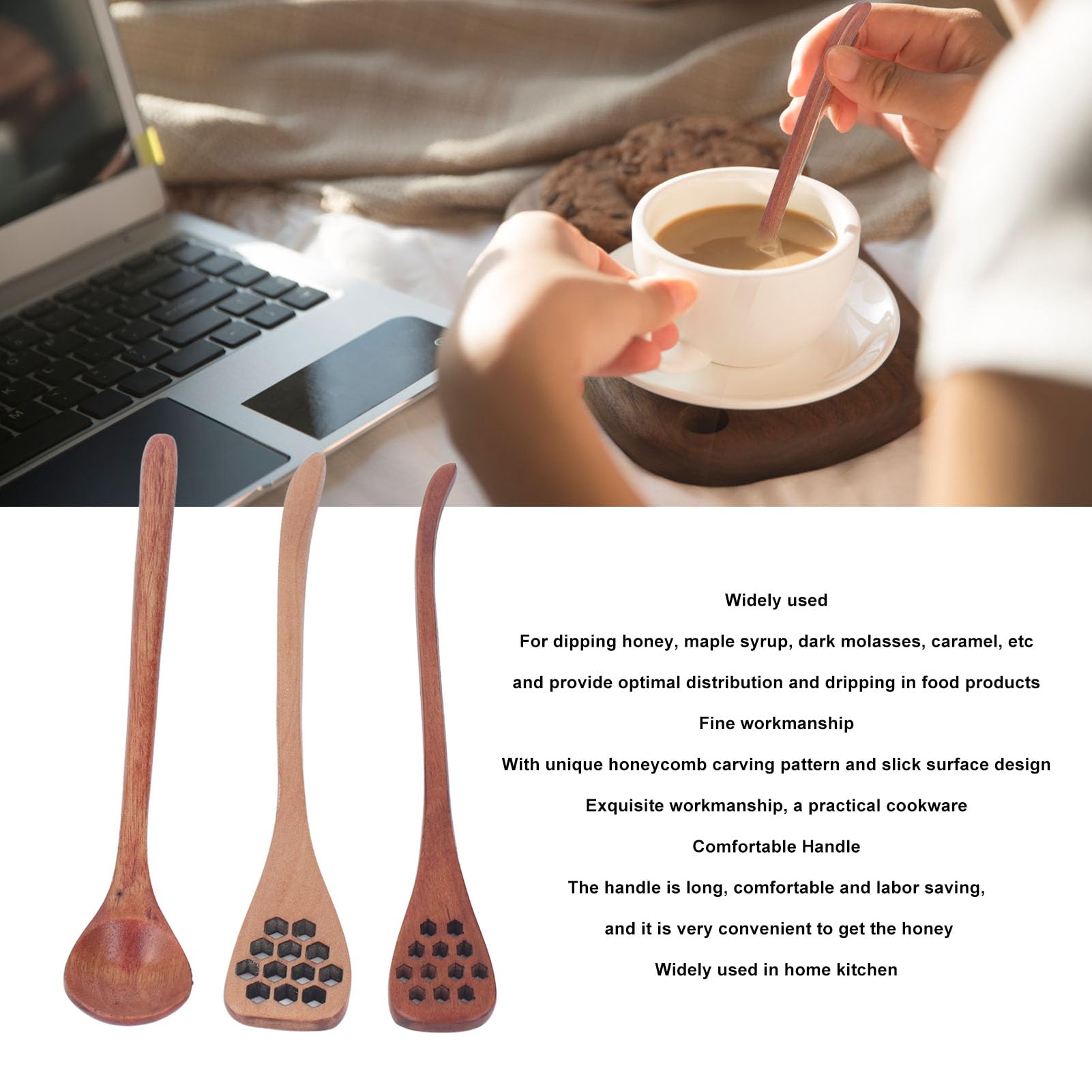 Pwshymi Reusable Wooden Honey Dipper Spoon for Honey, Long Handle Honey Dipper Stick Set, Unique Honeycomb Carving Pattern, Practical Cookware, Maple Syrup, and More