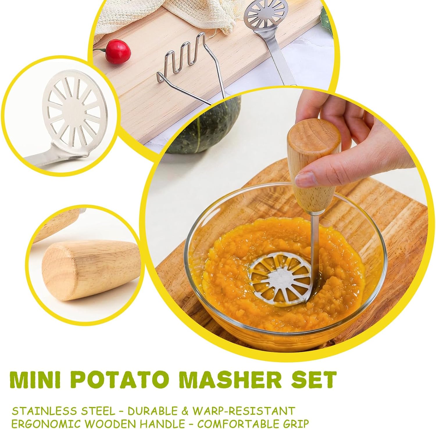 Mini Potato Masher, 2 Pcs Avocado Masher Stainless Steel Small Potato Masher, Kitchen Tools and Gadgets with Wooden Handle for Pototoes, Avocado, Fruits, Vegetables, Beans, Meat image 4