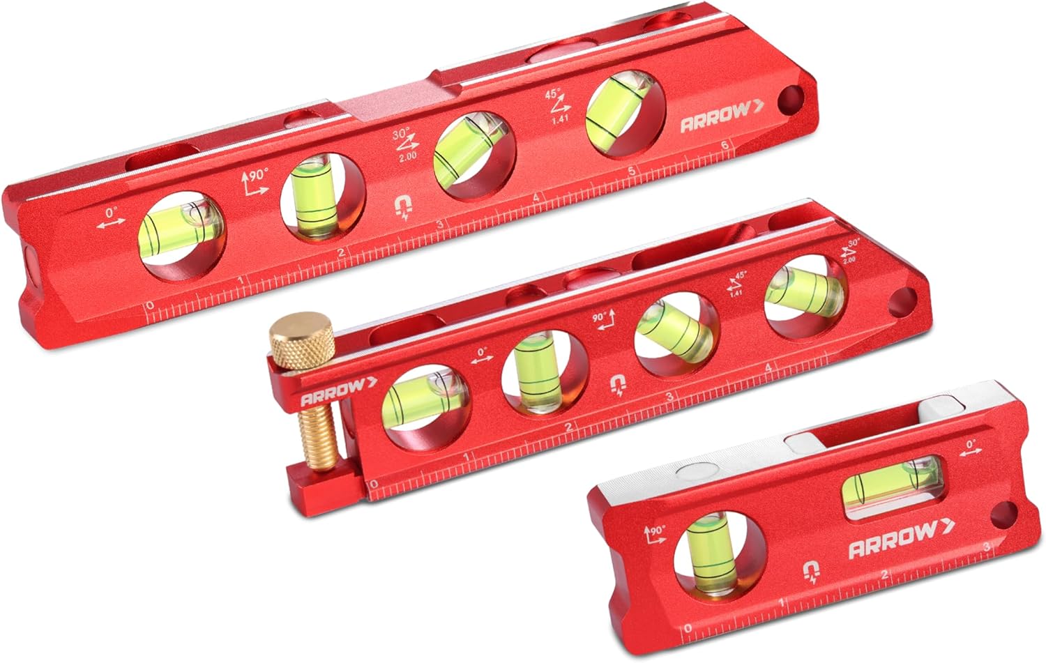 ARROW Torpedo Level, Small Magnetic Leveler Tool with 0°/90° Bubbles, Top-view Window, Aluminium Alloy Frame, Dual SAE and Metric Scales