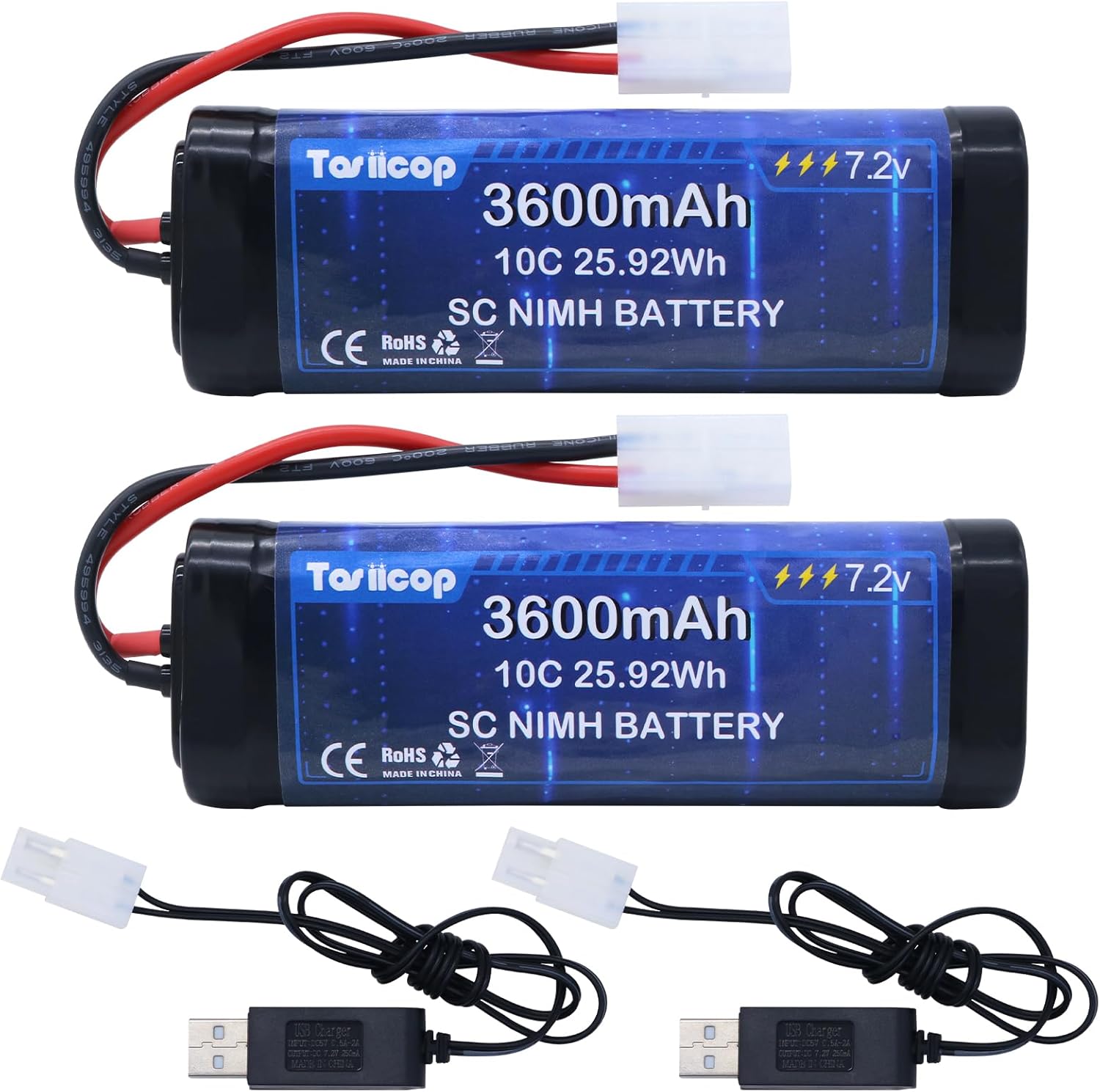 7.2V 3600mAh NIMH Battery 2 Packs - 7.2 Volt RC Rechargeable Batteries with Tamiya Plug Connector for Remote Control Car Monster Trucks Buggy Truggy Boat Tank and Related Series