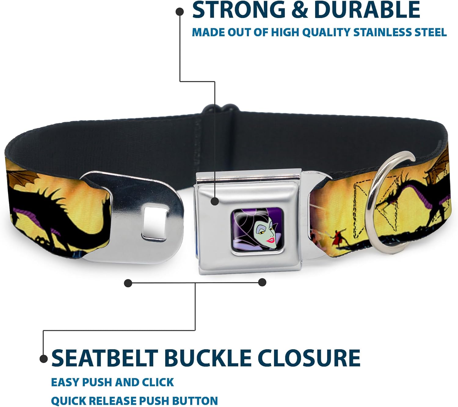 Buckle-Down Seatbelt Buckle Dog Collar - Maleficent Poses - 1" Wide - Fits 11-17" Neck - Medium