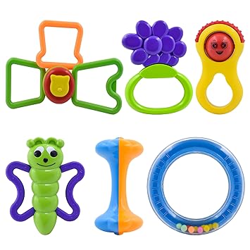 WISHKEY Plastic BPA Free Non Toxic Shake & Grab Rattle and Soothing Tethers Toy for Infants, Early Age Toys for Kids, Infant Toys, Newborn Baby Gift, Multicolor (Pack of 6)