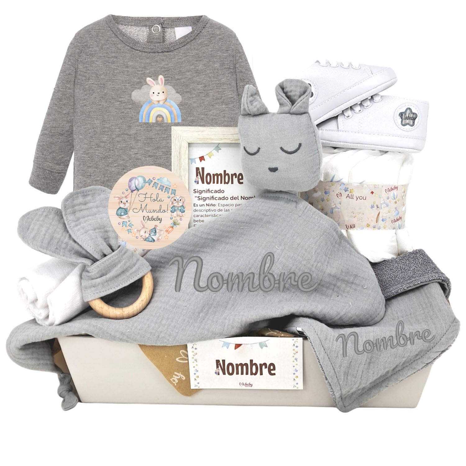 Canastilla “Sneakers” – Dou Dou Personalizado, Babero Bandana con Nombre, Mordedor de Madera, Ropita de Punto, Muselina Algodón, Pastel 6 Pañales y Marco Significado Nombre