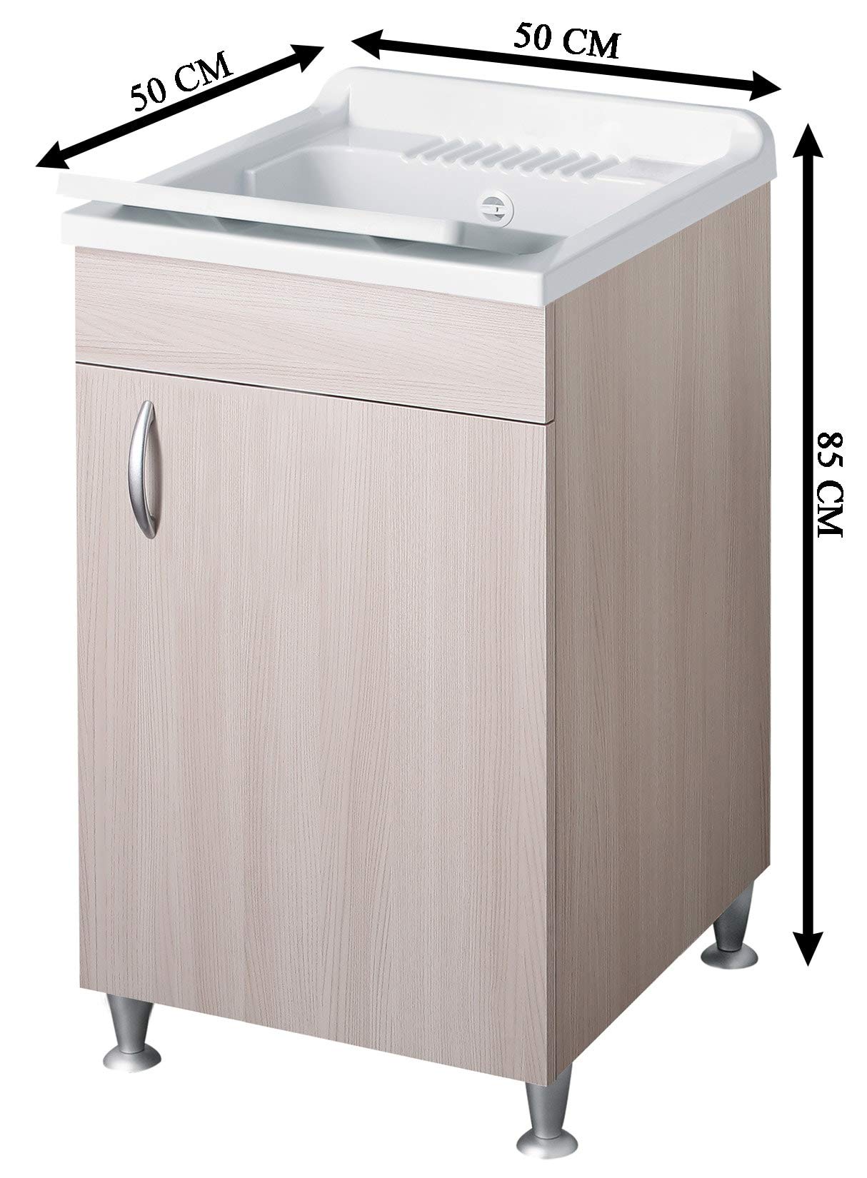 Negrari Eco Lavatoio Montato 50x50 L50 P50 H85 CM Colore Olmo Interno Lavanderia Mobile Nobilitato Idrofugo Legno Vasca Asse Plastica Piedini Regolabili Ante Battenti Economico Qualità Medio Alta