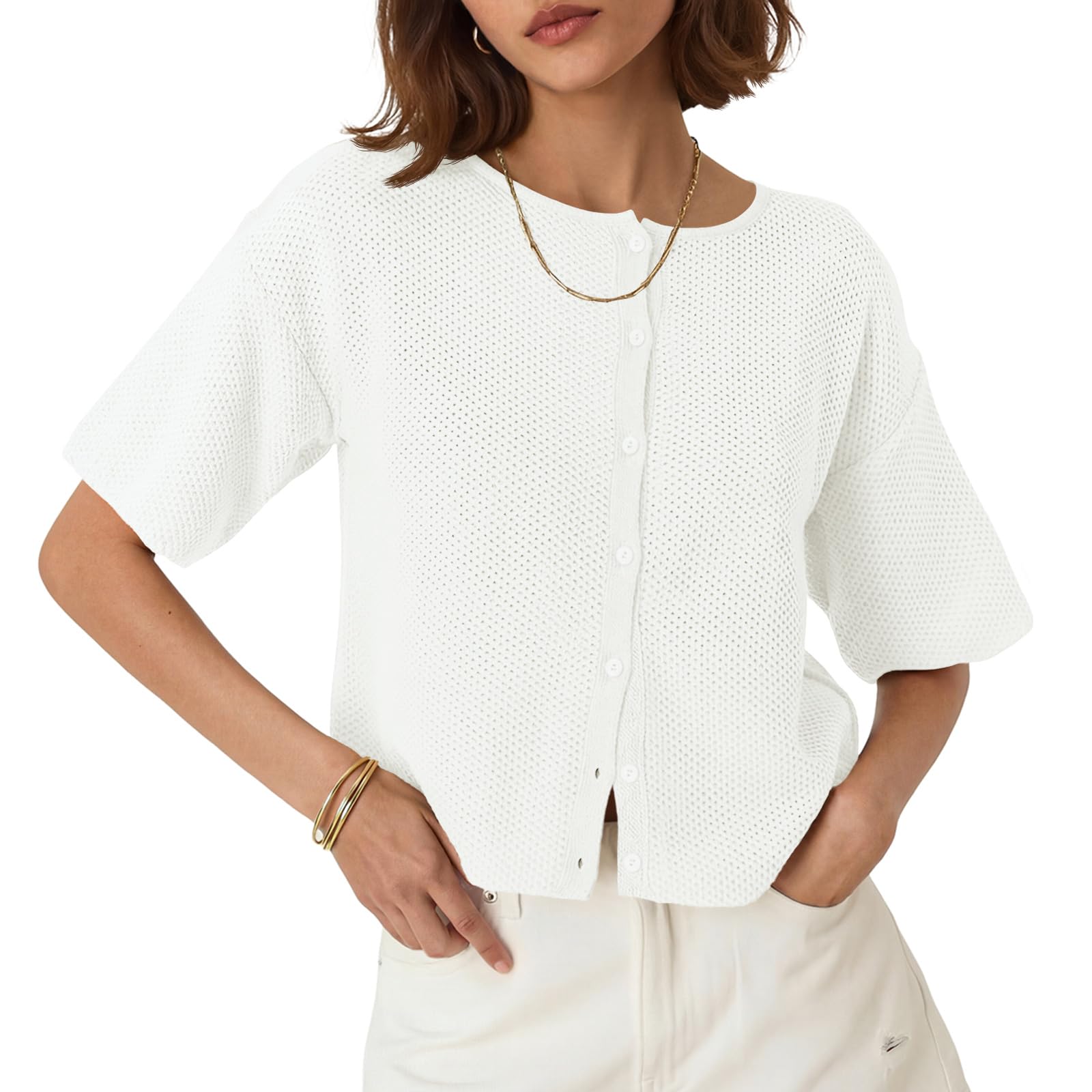 Womens Short Sleeve Cardigan Summer Lightweight Button Down Waffle Knit Loose Crew Neck Sweater Tops-image-38