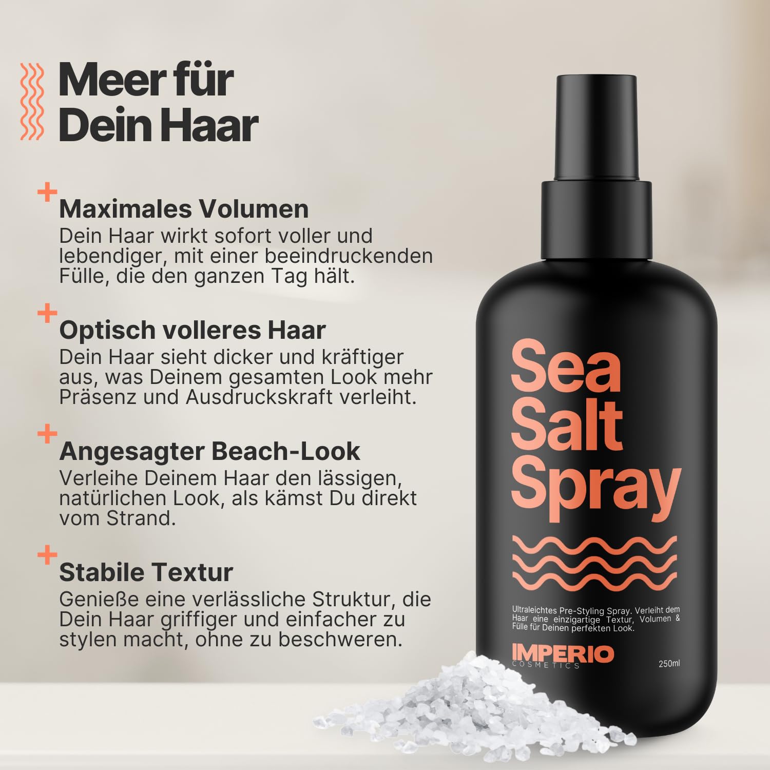 IMPERIO Sea Salt Spray - 250 ml Premium Salt Spray dla większej objętości i stabilnej tekstury - idealne fale na plaży, więcej objętości i uchwytu dzięki mocy oceanu - unisex - zapach
