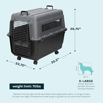 SportPet Airline Compliant X-LARGE 35.5 Travel Dog Kennel-Durable Plastic Airline Pet Carrier w/Removable Wheels & Food Bowls, Collapsible Indoor/Outdoor Dog Kennel, Dogs up to 32L & 23H-Dark Gray