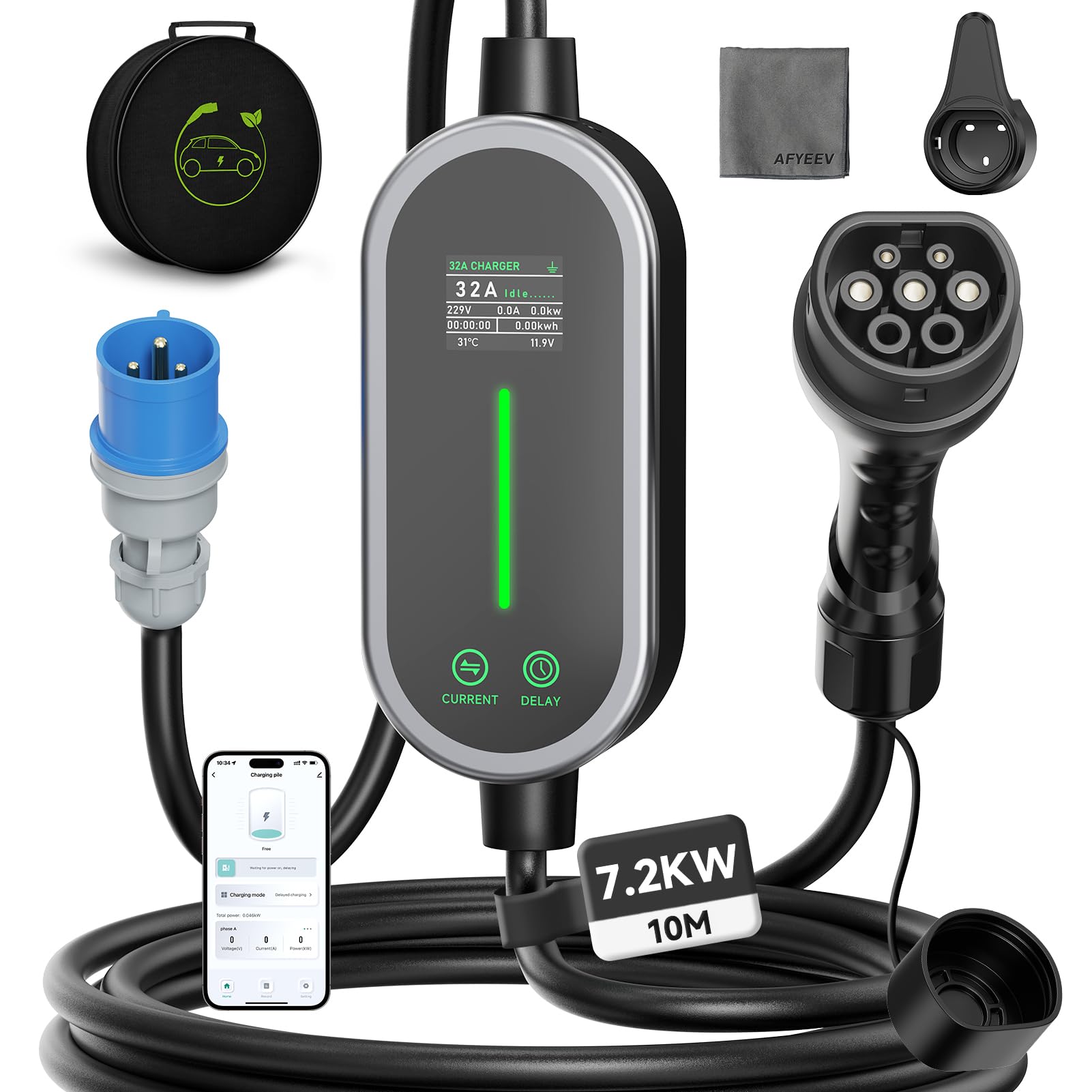 Cavo Ricarica Auto Elettrica Tipo 2, 7,2 kW/6-32A/10M Mobile Wallbox con App, Cavo Di Ricarica Schuko Portatile, 1-15H Funzione Timer e IP65 per EV PHEV IEC 62196-2