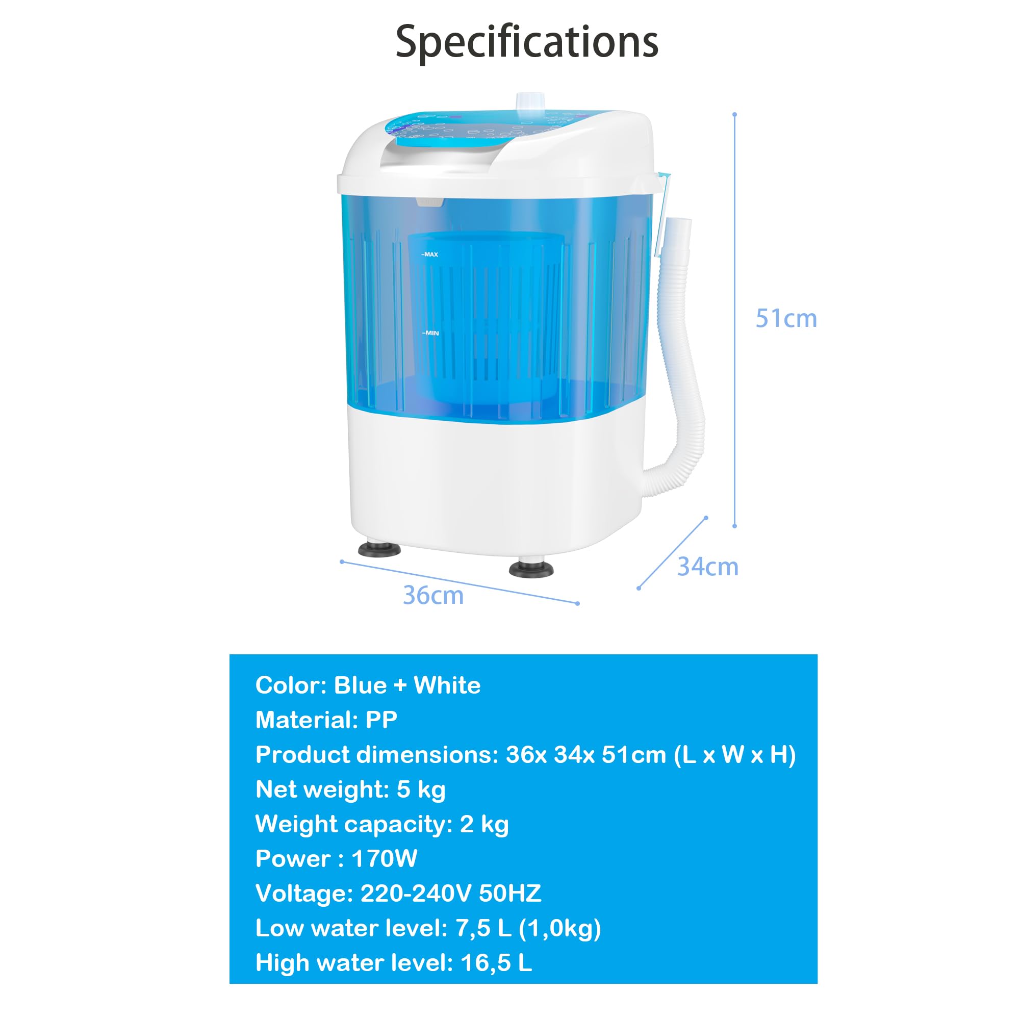 SOARS Mini Waschmaschine mit Schleuder, Camping waschmaschine bis 2 KG, mobile Reisewaschmaschine 170W mit Abflussschlauch, Waschmaschine Toploader, 36 x 34 x 51cm