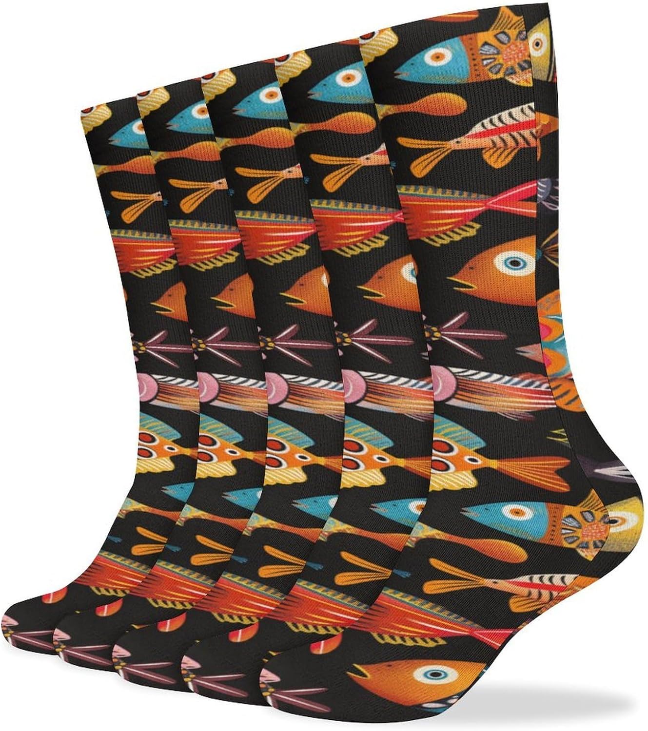5 Pairs Knee High Socks Cartoon Fish Long Tube Boot Seamless Toe