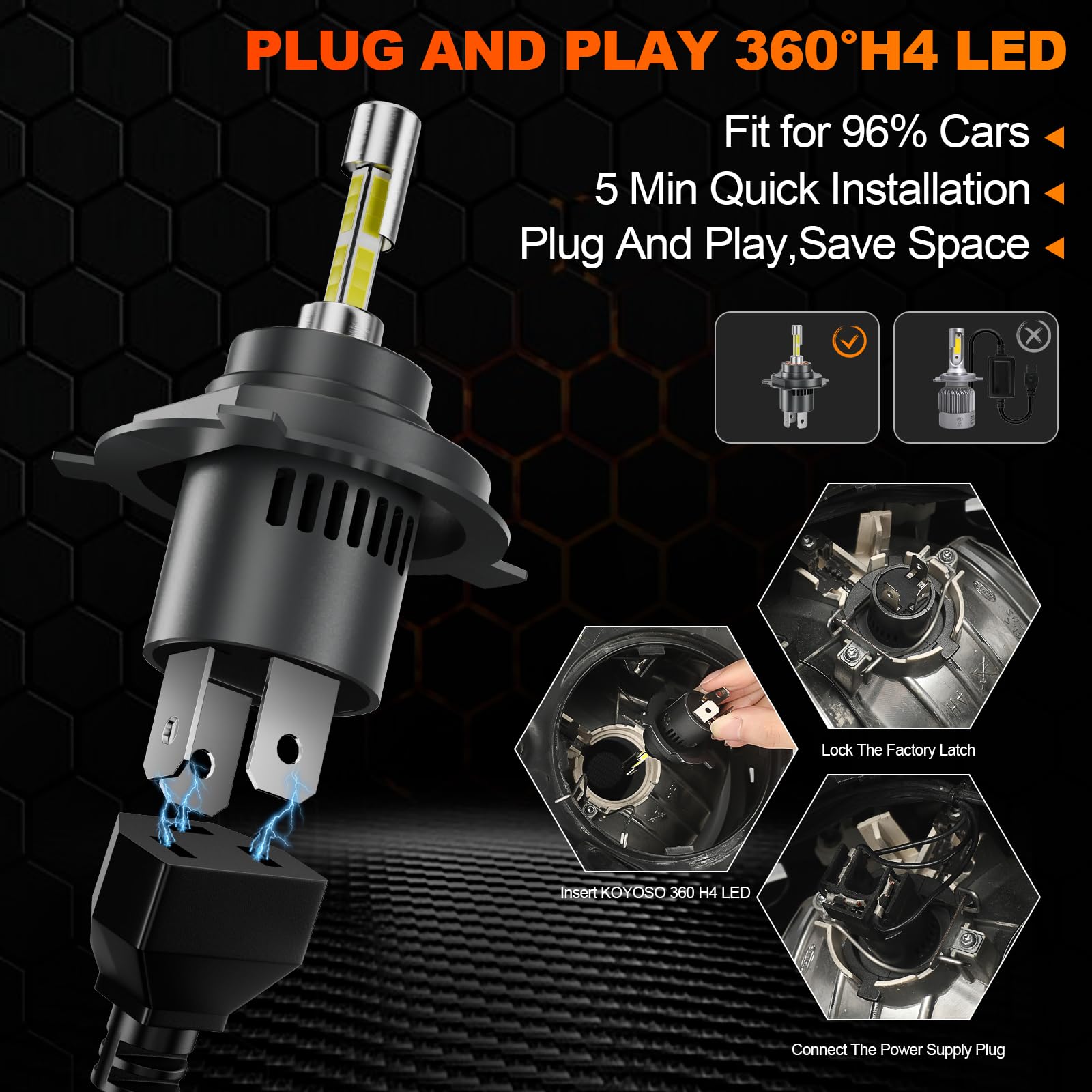 KOYOSO H4 LED Lampadine 100W: 20000LM 6500K 360° Fari 400% Super Brillante | Abbaglianti e Anabbaglianti Kit Sostituzione Alogena per 12V Auto