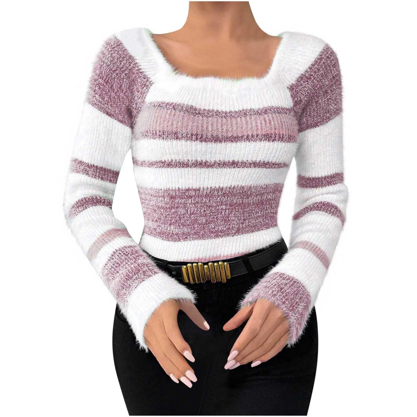 Womens Square Neck Sweater Fall Long Sleeve Color Block Plush Knit Pullover Sweater Slim Fit Going Out Tops