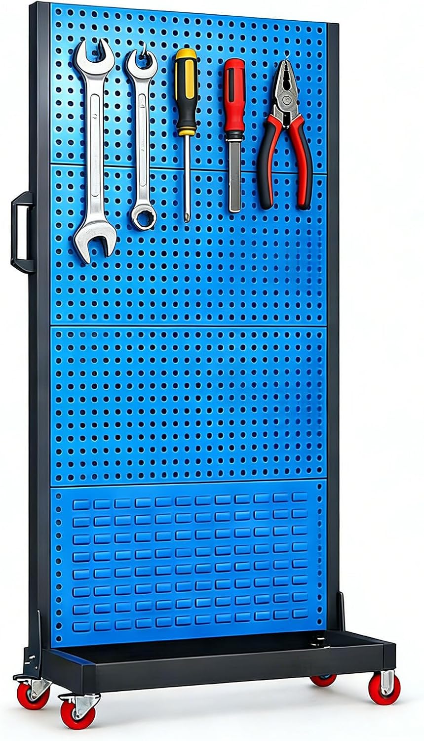 Mobile Workshop Storage Rack - 2/3/4 Tier Steel Garage Shelving Unit with Wheels & Handle, Adjustable Tool Organizer Rack for Screws, Accessories, Tools (Excluding Hooks & Boxes) 4Tier