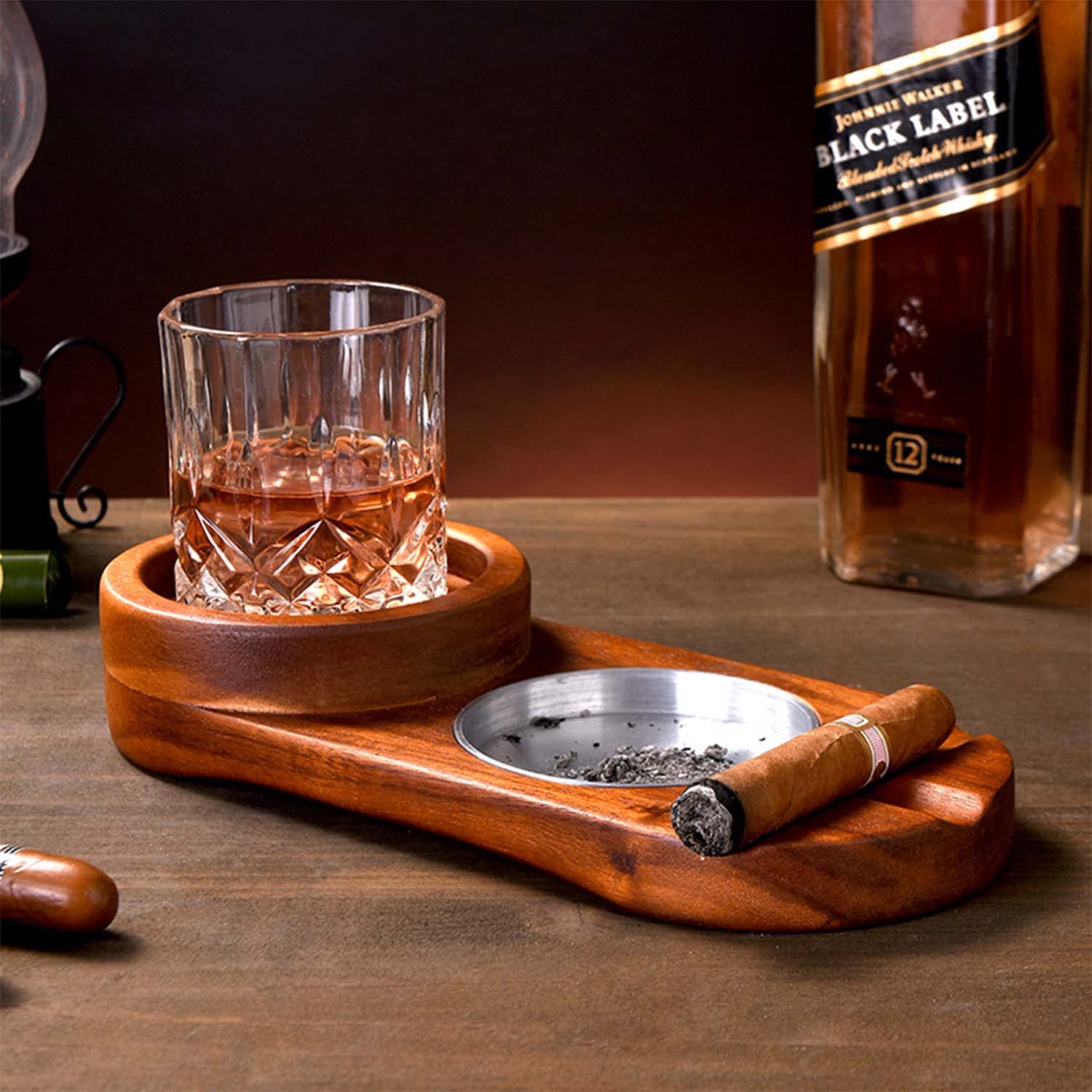 Cendrier à Cigares Créatif Plateau en Verre à Whisky Bois Naturel Fente à Cigares Porte-vin Grand Décor pour Maison, Bureau, Cafés et Bars