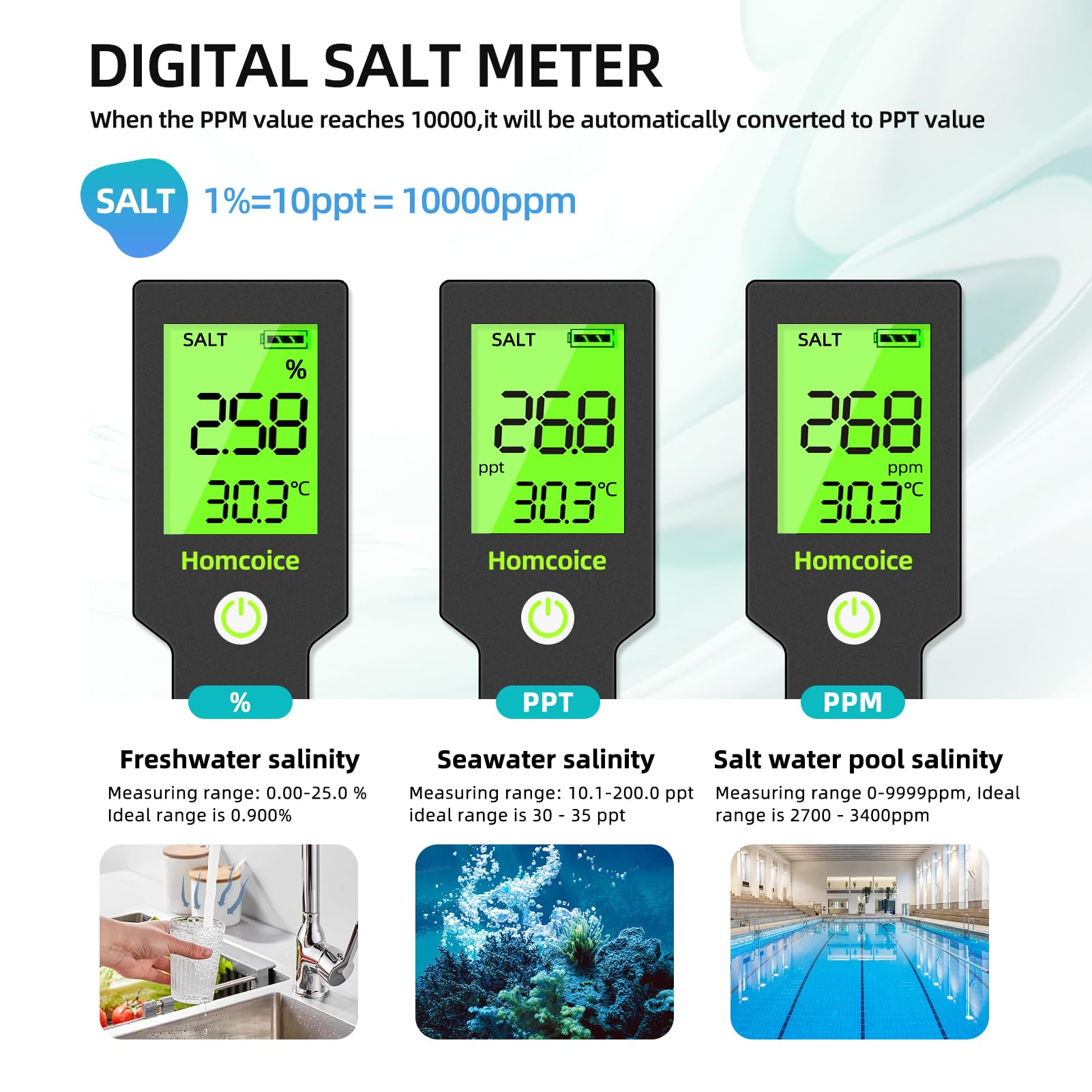 Medidor PH 5 en 1 Salinidad TDS EC Temperatura, Test pH Piscina resistencia al agua IP67, pH Meter Digital 0.01 de alta precisión phmetro con función ATC