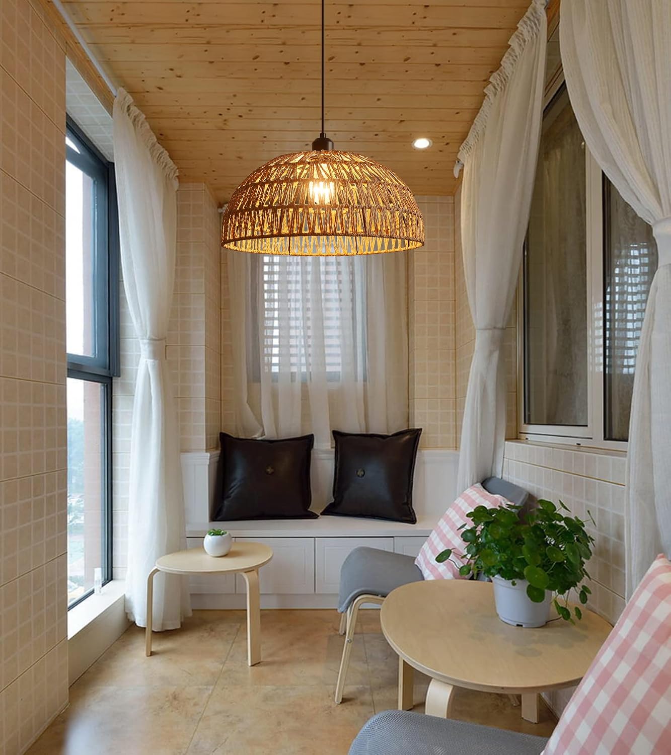 MEIXISUE Linen Rope Woven Boho Pendant Light,Rattan Wicker Chandeliers Hanging Light Fixture for Kitchen Island Dining Room Restaurant Craft Room,LED Bulb Included UL Listed