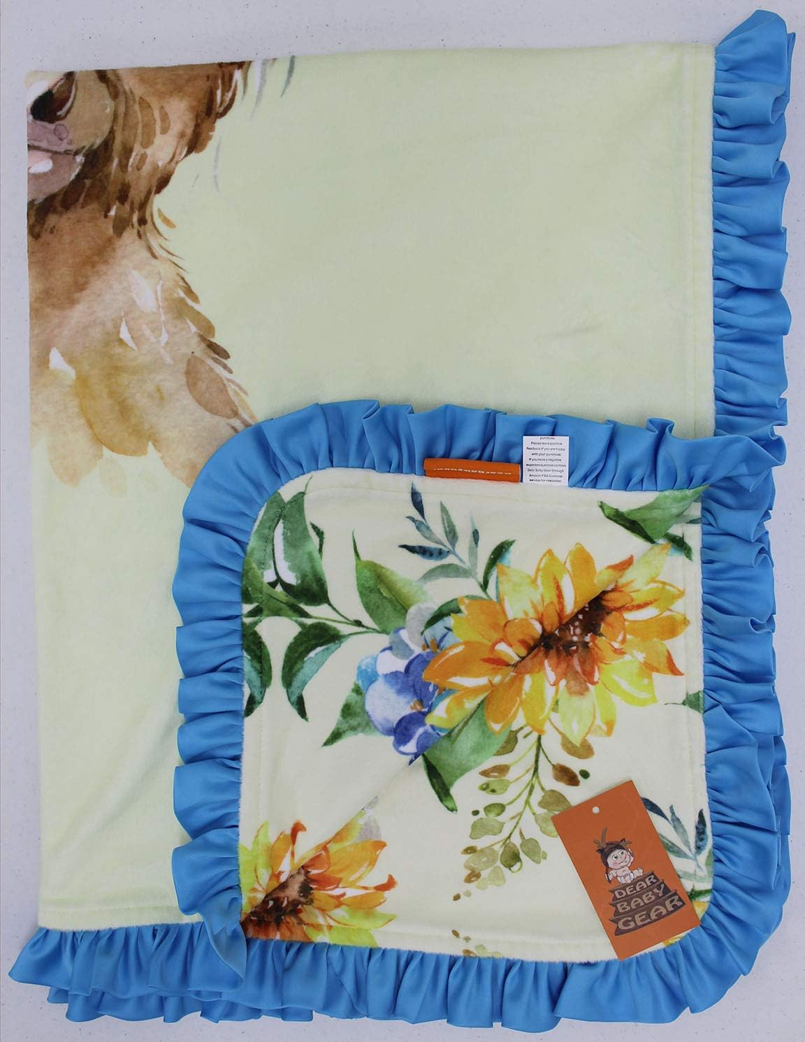 Dear Baby Gear Farm Deluxe Newborn Blanket - Double Layer Reversible, Milestone & Infant Gifts for Girls and Boys - Baby Calf with Sunflowers Printed Blanket with Blue Ruffle, 43 x 33 Inches