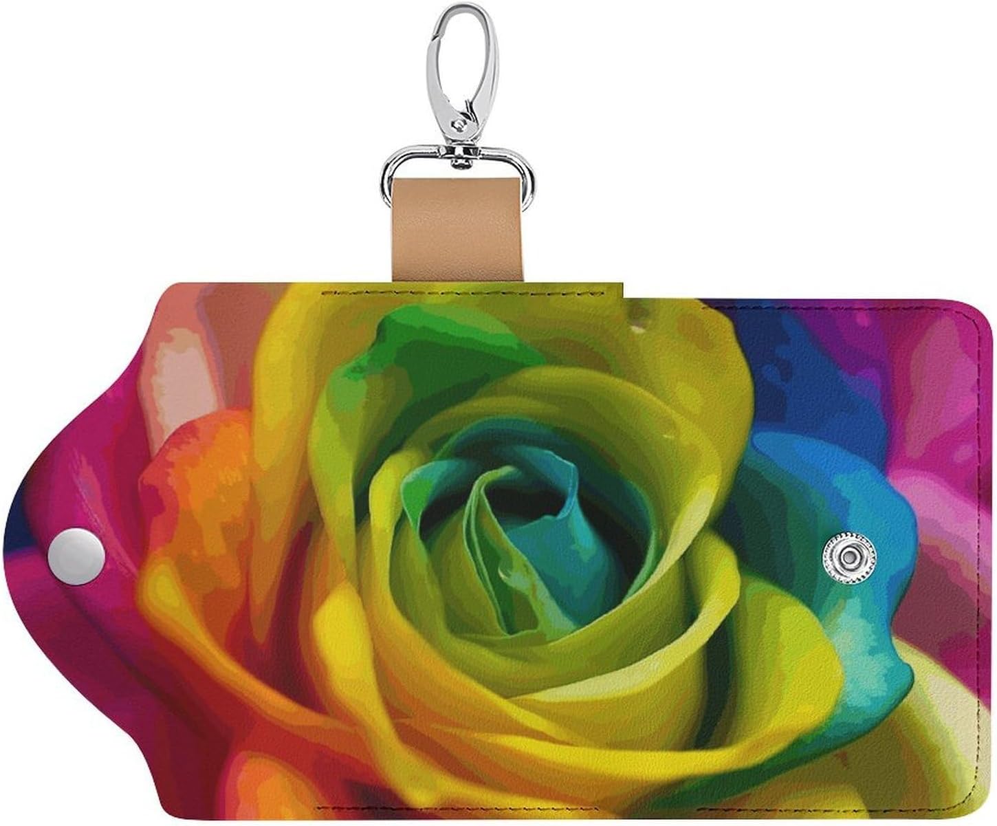 Rainbow Flower Key Pouch, PU Leather Key Holder, Personalized Snap Closure Key Bag with Card Slot & Coin Pocket, Portable Key Organizer for Car Keys House Keys, Men Women
