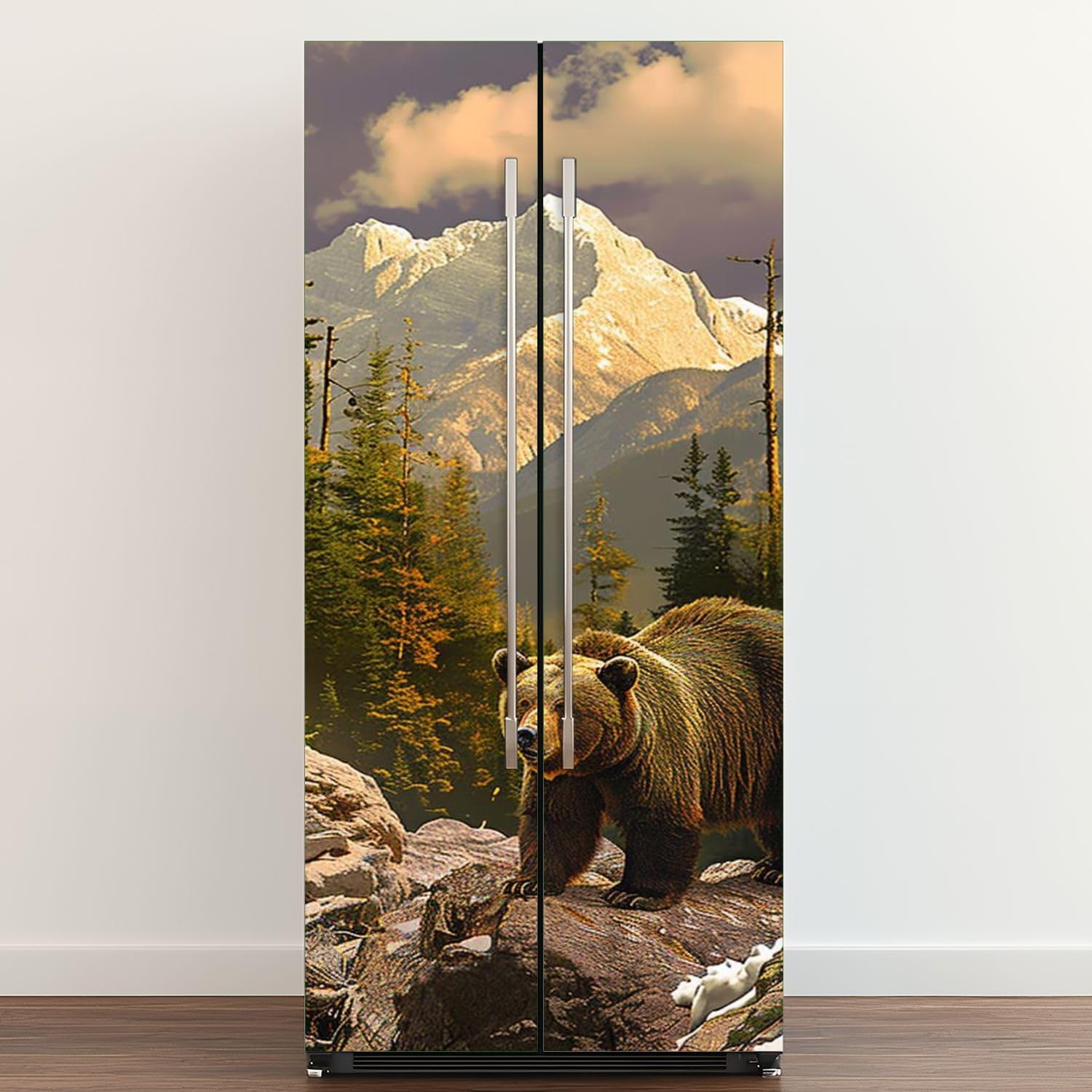 Self Adhesive Vinyl Refrigerator Wrap Bear Rocky Mountains Door Mural Sticker Peel and Stick Removable Door Cover Fridge Wrap Decal for Kitchen Decor