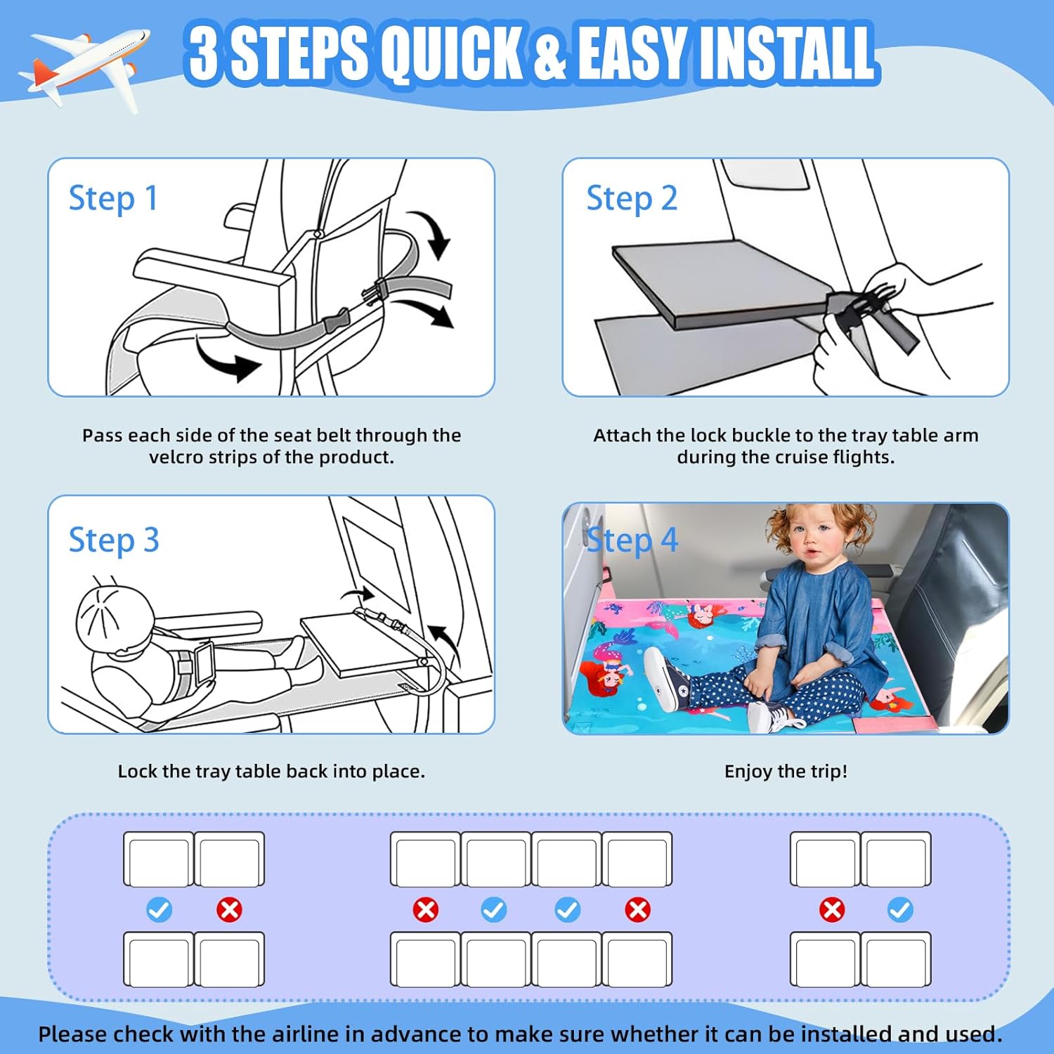 Toddler Airplane Bed, Portable Kids Travel Essentials, Soft Airplane Seat Extender for Kids 1-4, Foot Rest for Flights (Mermaid)