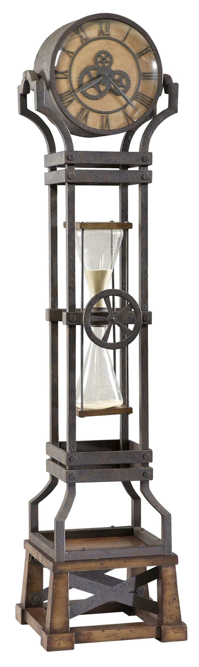 Howard Miller Hourglass Floor Clock II Wood Finish with Convex Glass Crystal Triple-Chime Movement Roman Numeral Volume Control