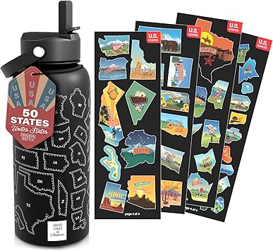 United States Map Water Bottle With Waterproof Stickers Wrap Around- Stainless Steel Insulated Vacuum Sealed 32 oz With Leak Proof Lid United States Map BLACK
