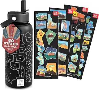 United States Map Water Bottle With Waterproof Stickers Wrap Around- Stainless Steel Insulated Vacuum Sealed 32 oz With Leak Proof Lid (United States Map BLACK)