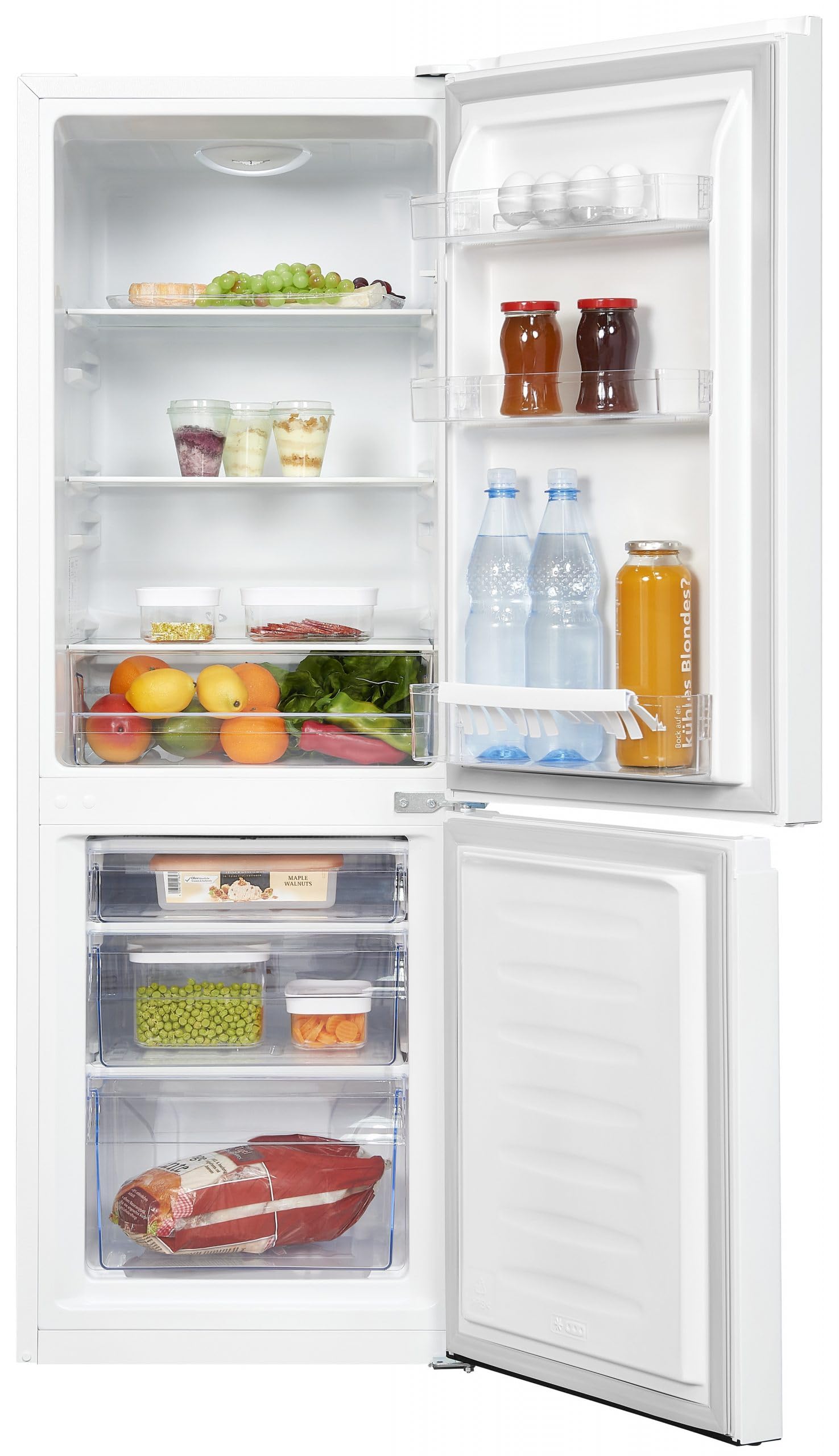 Exquisit® Frigorífico Combi, 175L, Clase E, Color Blanco, Cajón Verdulero, Estantes de Cristal, Altura Regulable, Tiradores Integrados, Luz LED, Consumo 195 kWh/año, Medidas 143,5x49x56,5 Cm.