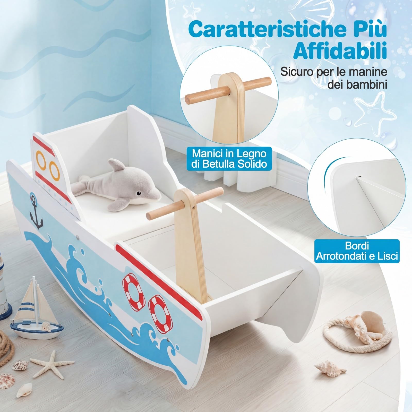 COSTWAY Cavallo a Dondolo per Bambini, Nave a Dondolo in Legno a Tema Nautico, Manici in Legno, Carico 50 kg, per Bambini 1-5 Anni