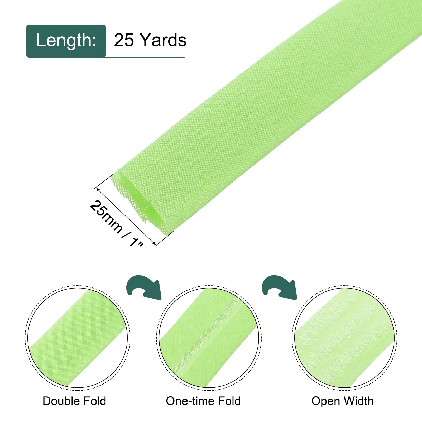 MECCANIXITY Cinta al bies de algodón de doble pliegue de 2,5 cm para costura, costura, acolchado, encuadernación, manualidades (verde, 25 yardas)