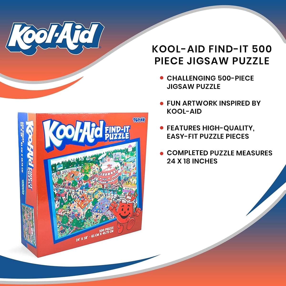 Kool-Aid Man Find-It 500 Piece Jigsaw Puzzle for Adults and Kids | Interactive Brain Teaser, Educational Toys & Games, Quarantine Gift Ideas | 24 x 18 inches